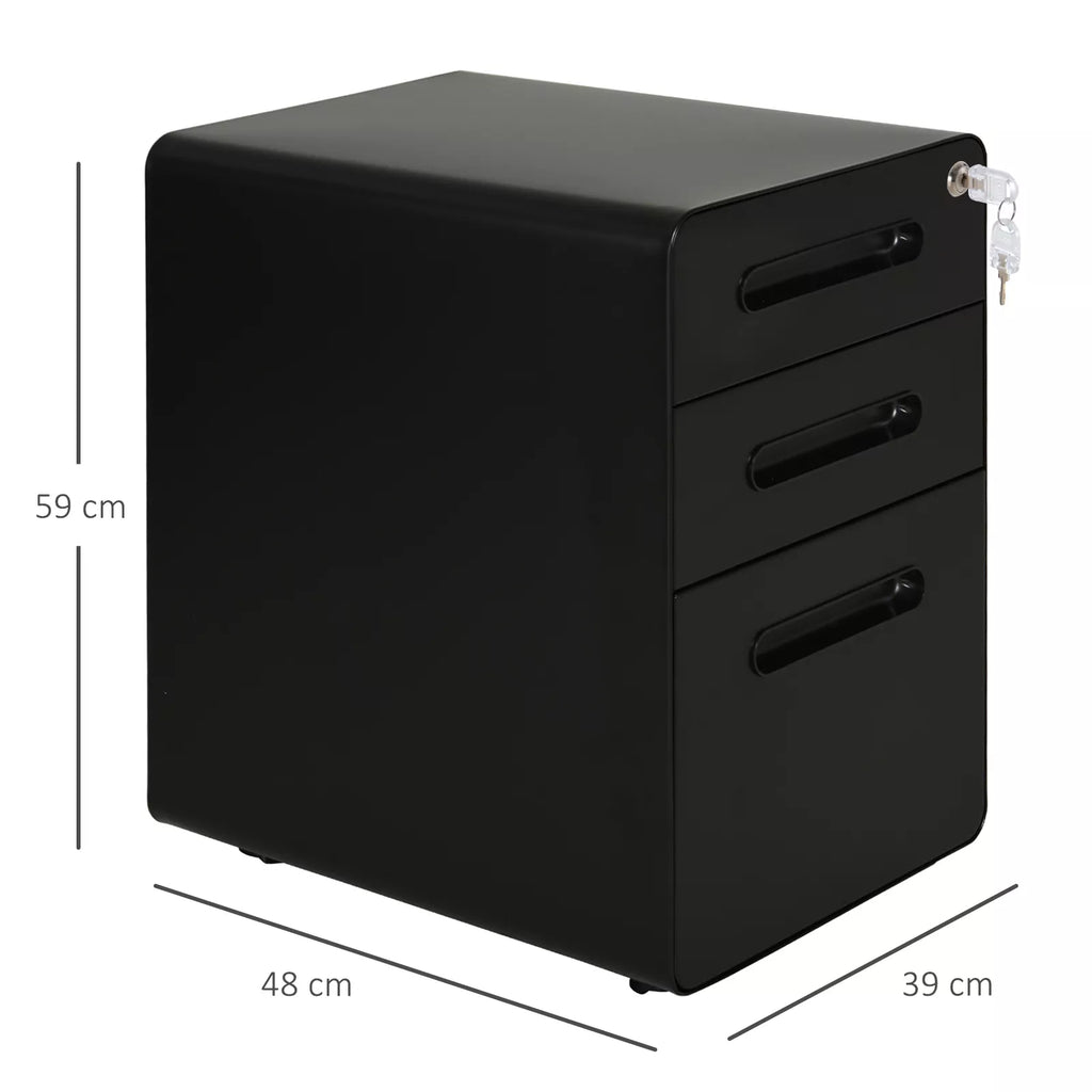 Juoda trijų stalčių spintelė su ratukais, matmenys: 39 cm plotis, 48 cm gylis, 59 cm aukštis