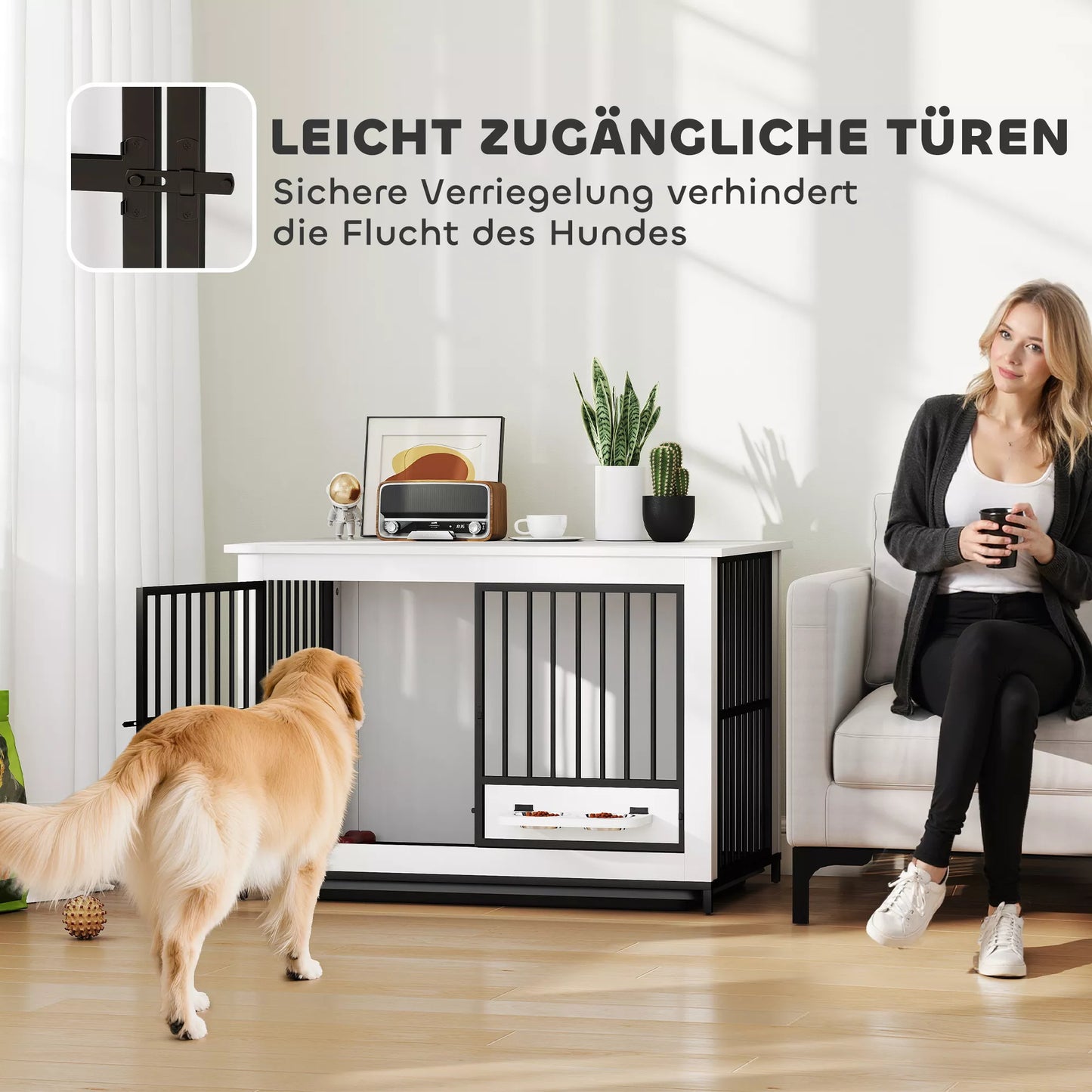 Didelė šunų transportavimo dėžė, lengva prieiga, užrakinama, su pasukamu dubenėlio laikikliu, skirta mažoms ir didelėms šunims, balta