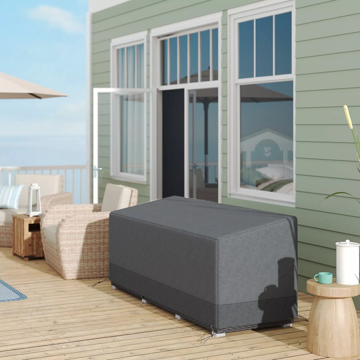 Sodų baldų apsauginis dangtis, atsparus žiemai, vandeniui, UV spinduliams, 600D Oxford audinys, 190,5 x 72 x 76 cm, šviesiai pilkos spalvos