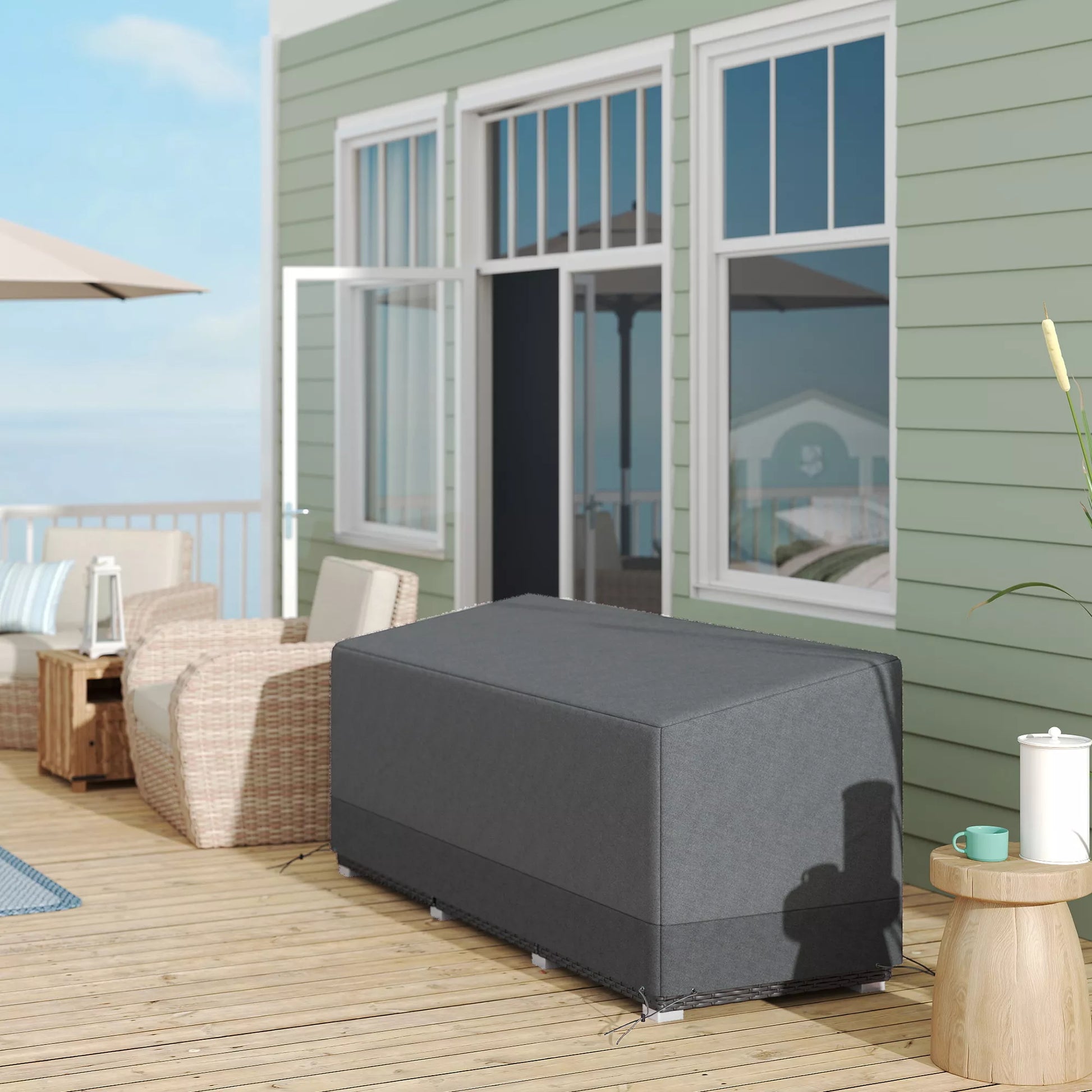 Sodų baldų apsauginis dangtis, atsparus žiemai, vandeniui, UV spinduliams, 600D Oxford audinys, 190,5 x 72 x 76 cm, šviesiai pilkos spalvos