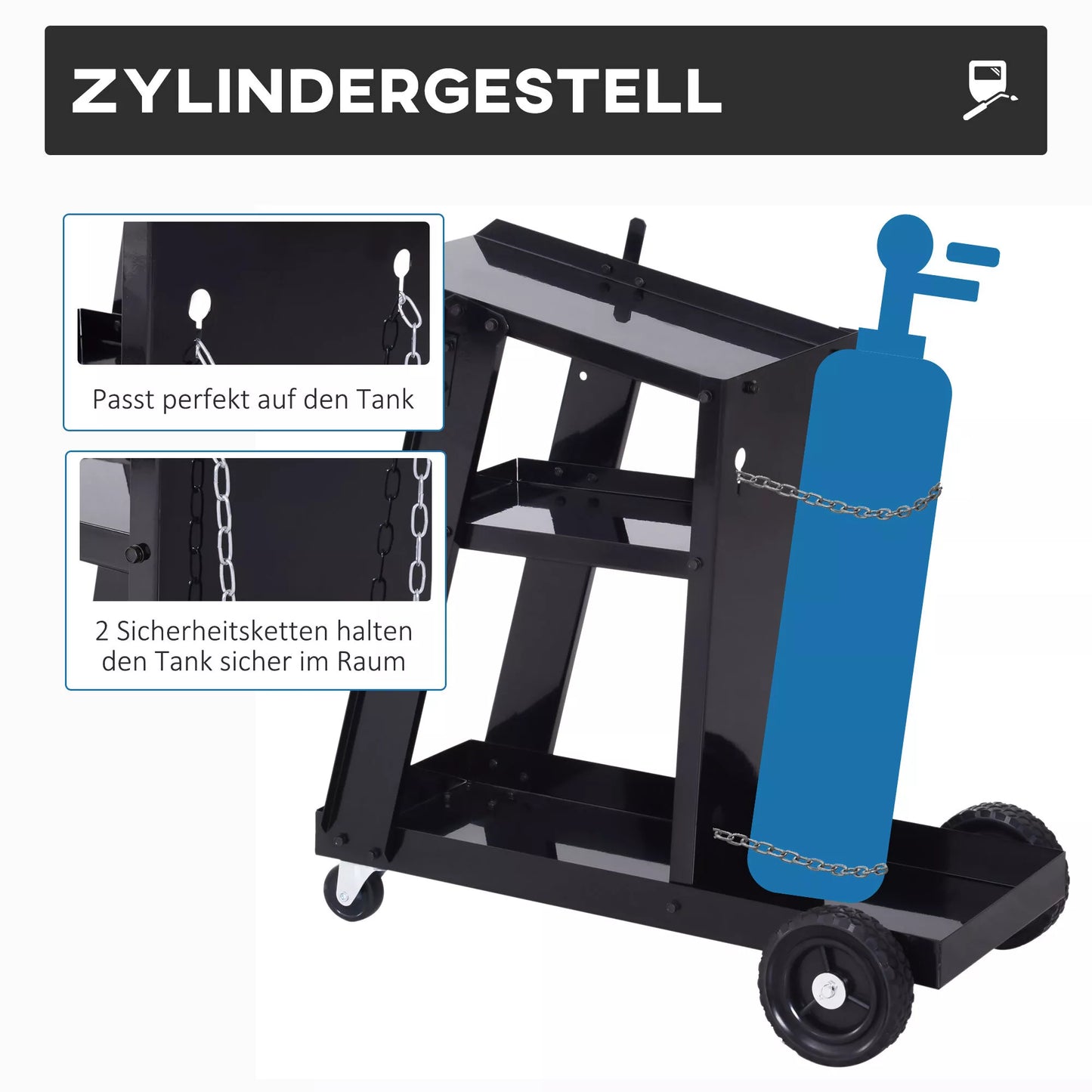 Suvirinimo vežimėlis, 3 lentynos, saugos grandinėlė, 4 ratai, plienas, 71 x 39 x 70cm, juodas