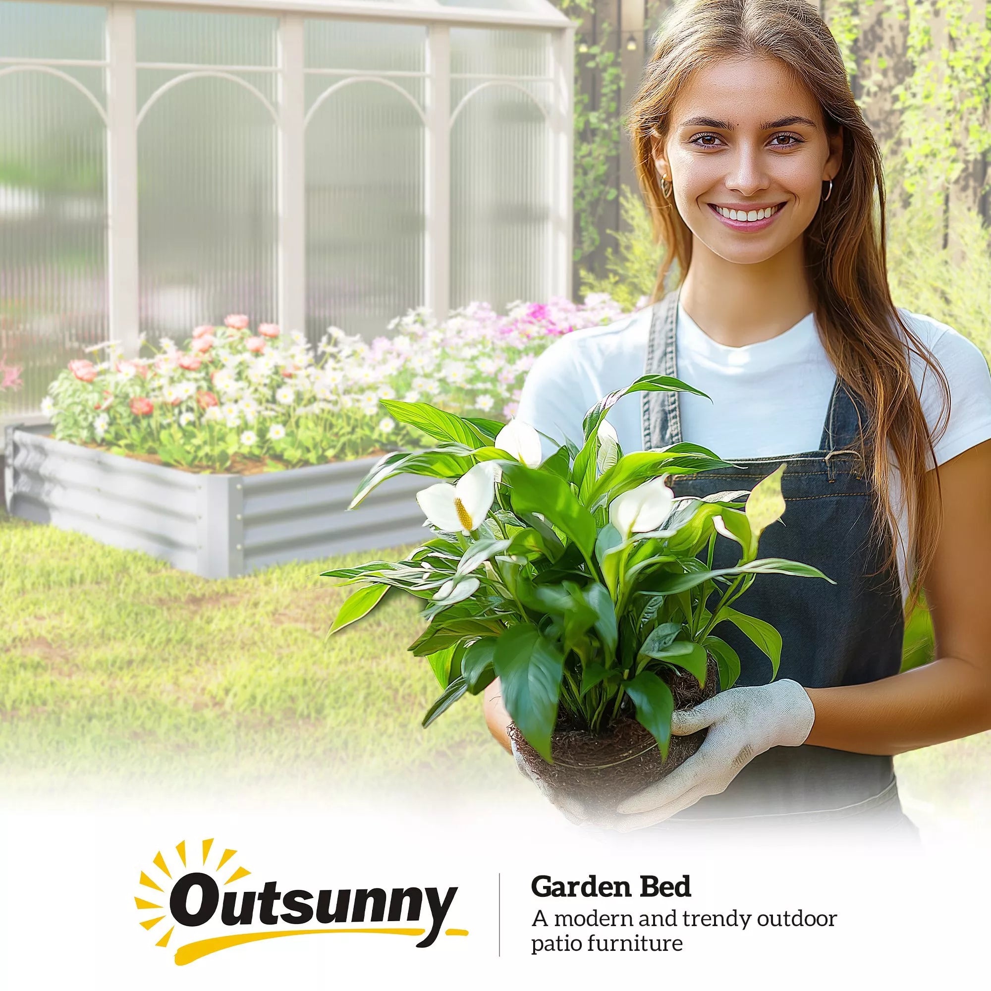 Outsunny prekių ženklo logotipas ant pilko metalinio klombo šono