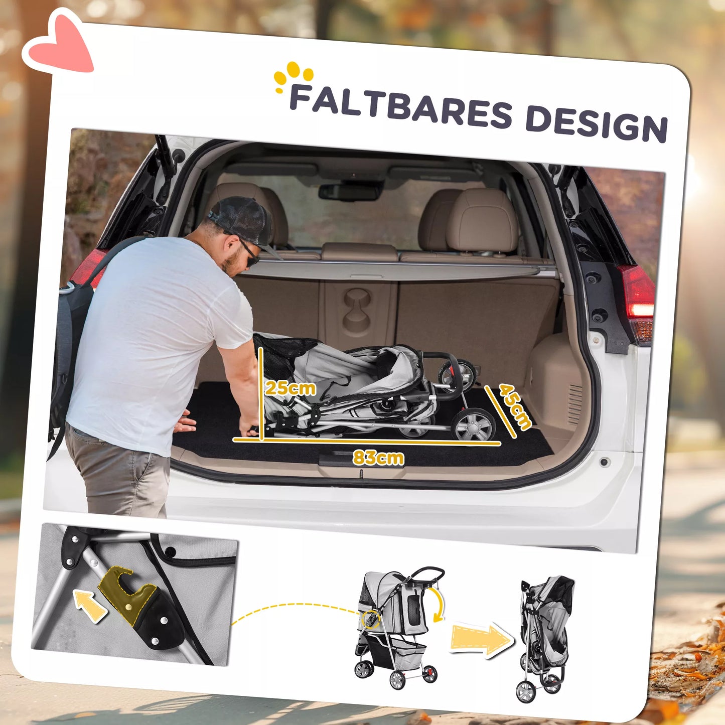 Šunų vežimėlis iki 10 kg, sulankstomas, su apatiniu krepšiu, 2 puodelių laikikliais, reguliuojamu stogeliu, pilkas