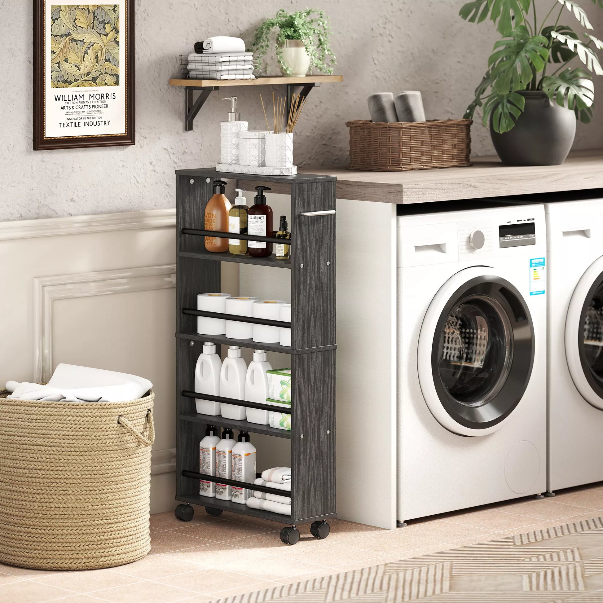 Daugiafunkcinė lentyna su ratukais, siaura konstrukcija, 4 skyriai, 45x15x91 cm, juoda