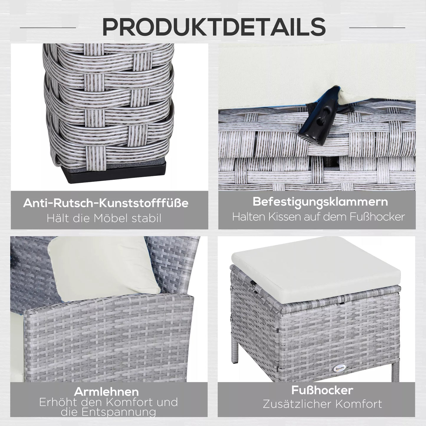 5 dalių sodo baldų komplektas, rotango poilsio grupė su pėdų atrama, metalas, pilka, 142 x 60 x 75 cm