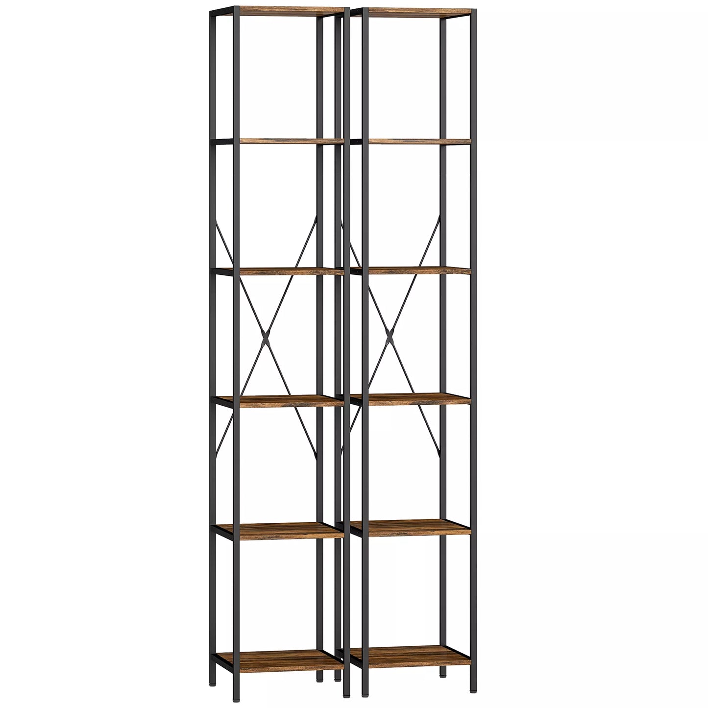 2 vnt. 6 pakopų knygų lentyna, plieninis rėmas, skirta svetainei, biurui, miegamajam, rudai kaimiškos spalvos