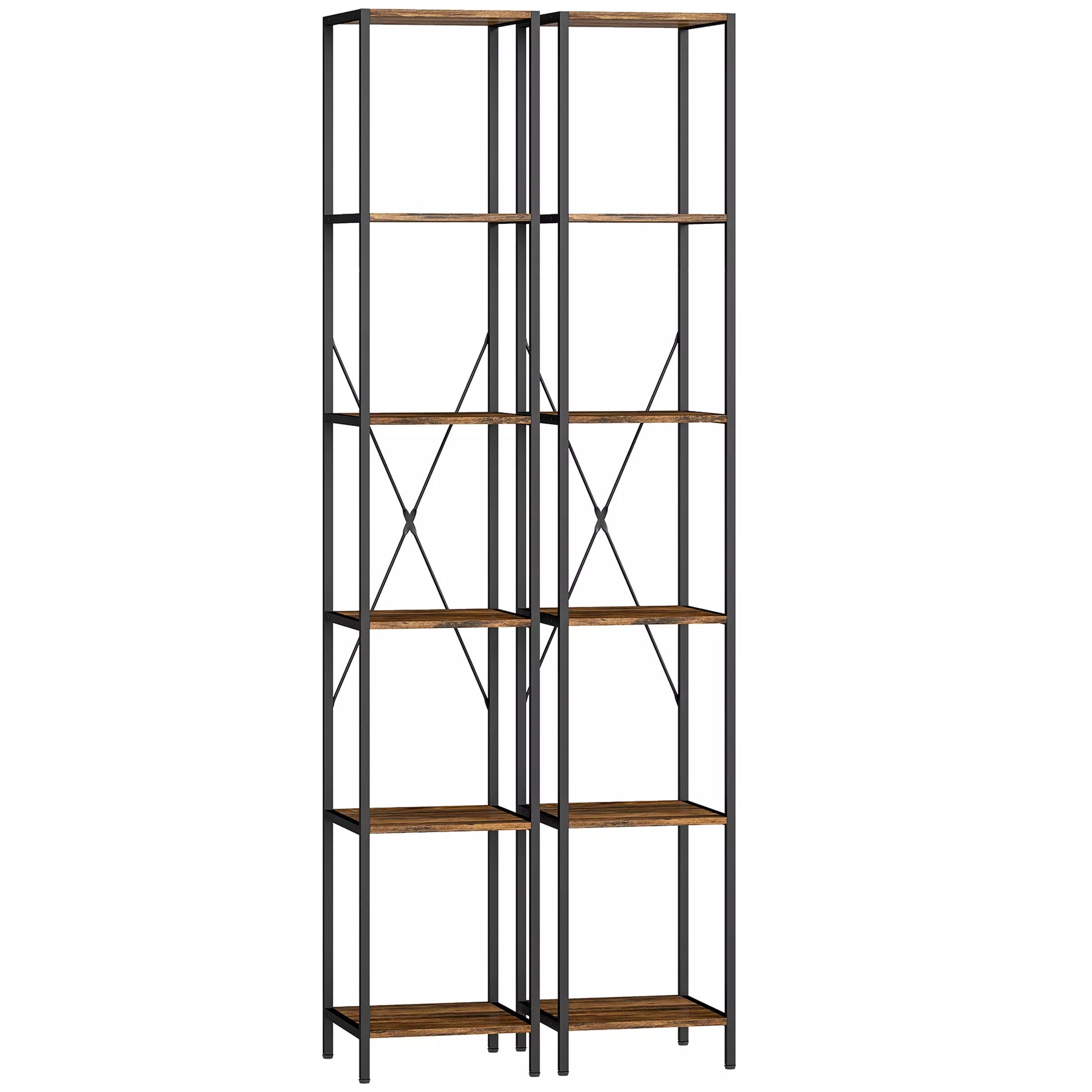2 vnt. 6 pakopų knygų lentyna, plieninis rėmas, skirta svetainei, biurui, miegamajam, rudai kaimiškos spalvos
