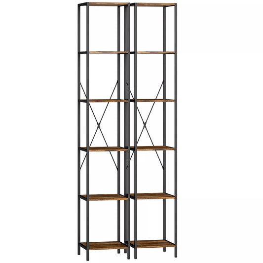 2 vnt. 6 pakopų knygų lentyna, plieninis rėmas, skirta svetainei, biurui, miegamajam, rudai kaimiškos spalvos