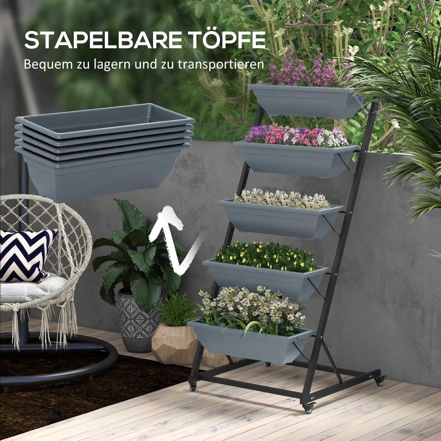 Augalų laiptai Gėlių laiptai Augalų lentynos, sukraunamos, atsparios atmosferos poveikiui, 65 x 67 x 145 cm, pilkos + juodos spalvos