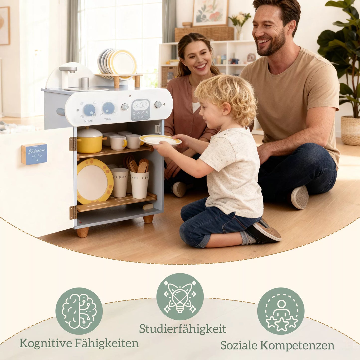 Indų plovimo rinkinys, medinė indaplovė vaikams, 32 priedai, MDF, vaikams nuo 3 metų, šviesiai mėlyna