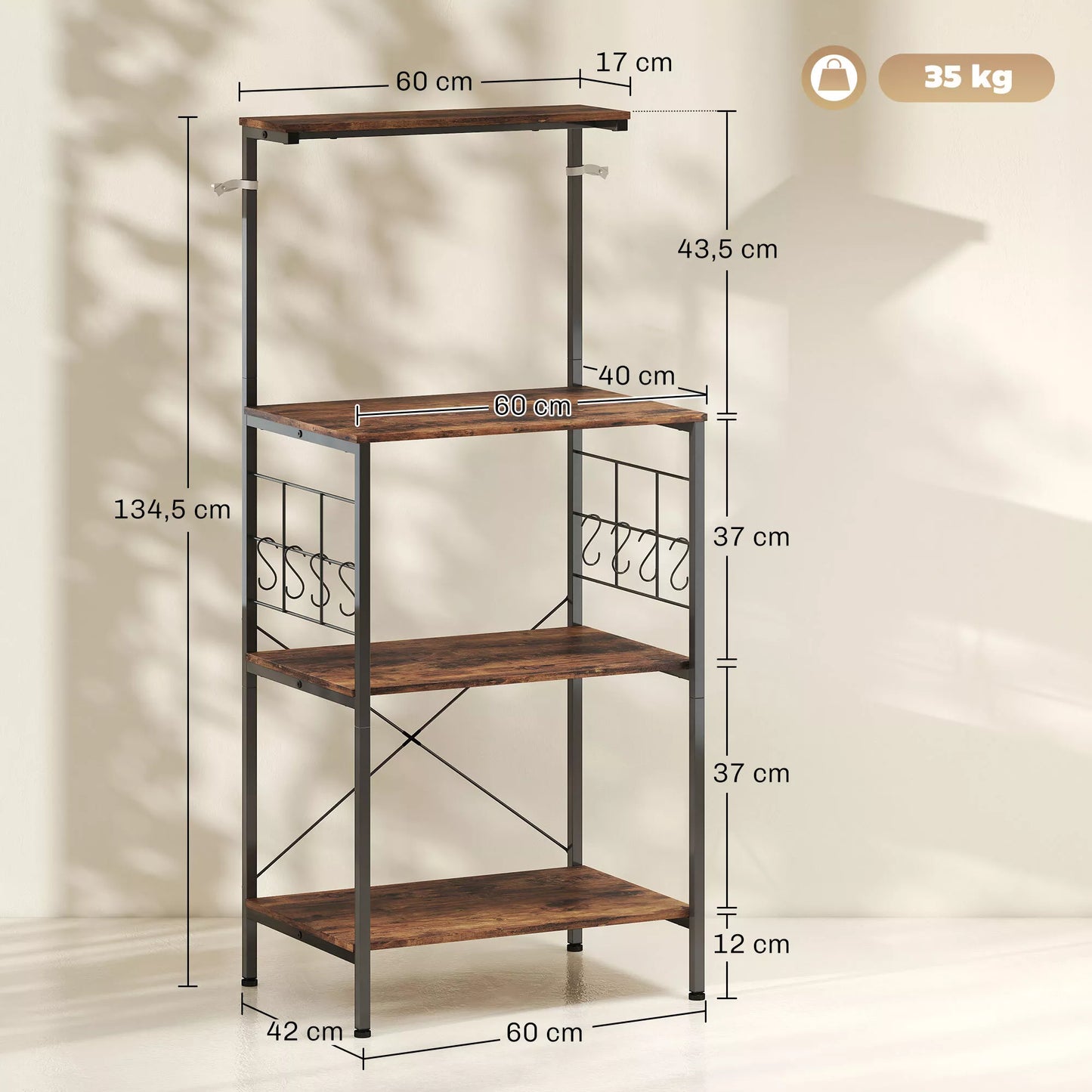 Virtuvės lentynos, 4 pakopų dizainas, stalviršis, 8 kabliai, metaliniai vamzdžiai, rudos ir juodos spalvos