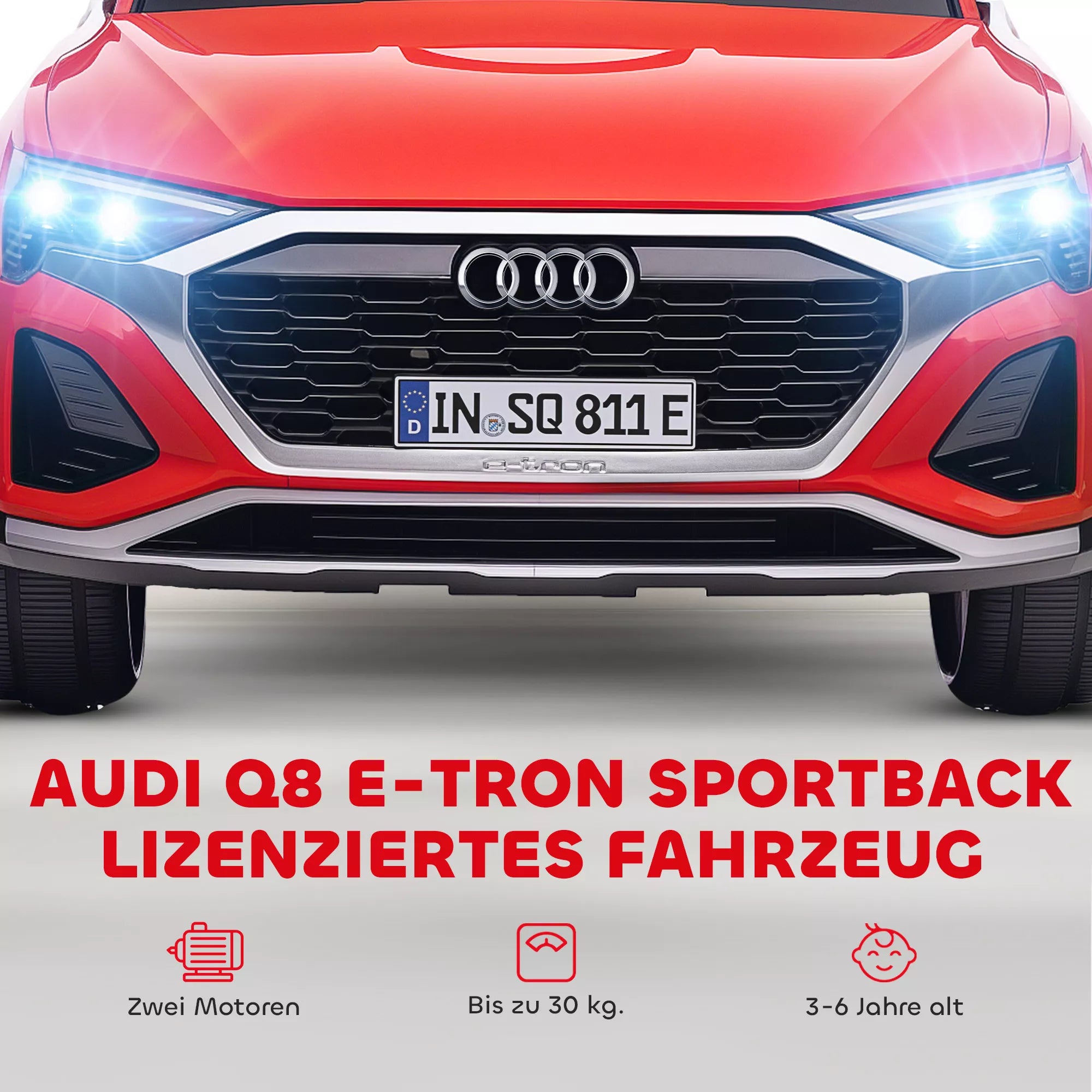 Elektrinis vaikiškas automobilis, 12V Audi Q8, 3–5 km/h, nuotolinio valdymo pultas, priekiniai žibintai, muzika, raudonas