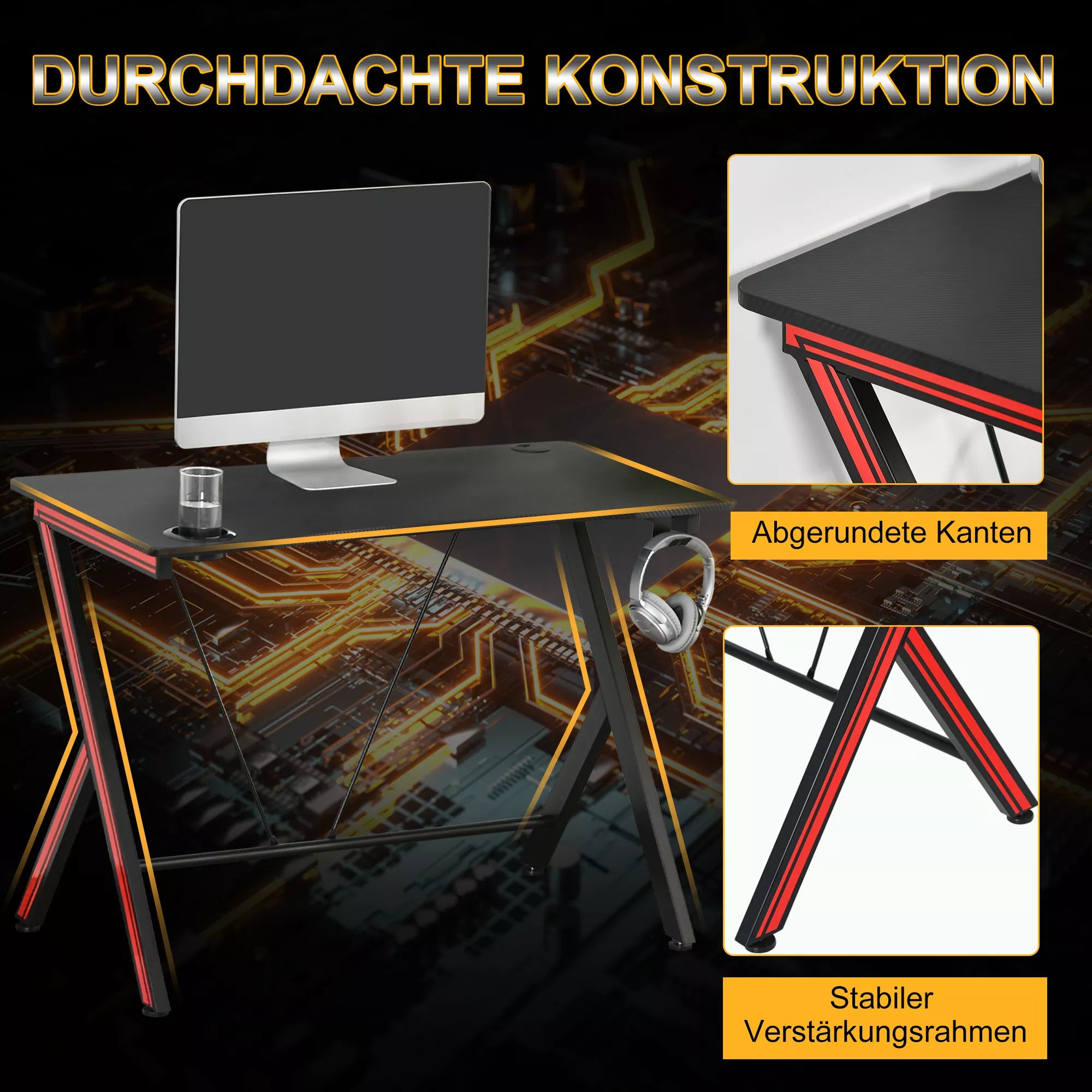 HOMCOM Žaidimų stalas, rašomasis stalas su ausinių laikikliu ir puodelio laikikliu, plienas + MDF, juodas 105 x 55 x 75 cm