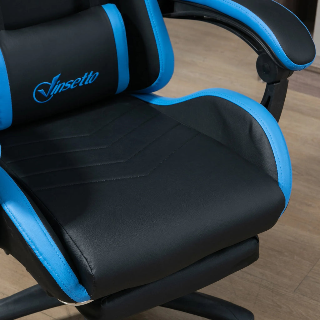Juodos ir mėlynos žaidimų kėdės sėdynės detalė