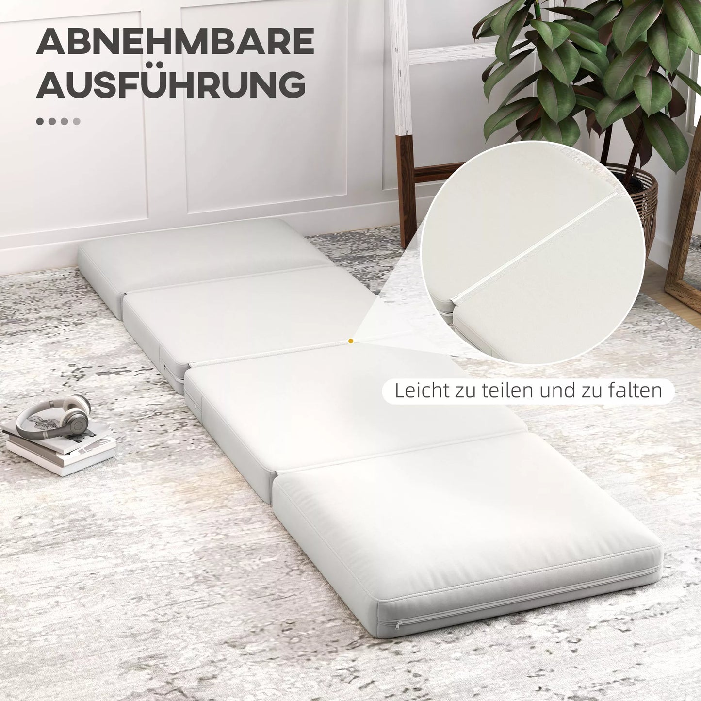 Sulankstoma kėdė ant grindų su pagalvėle, transformuojama į minkštą sofą, skirta svetainei, svečių kambariui, biurui, 75 x 268 x 18 cm, kreminės baltos spalvos
