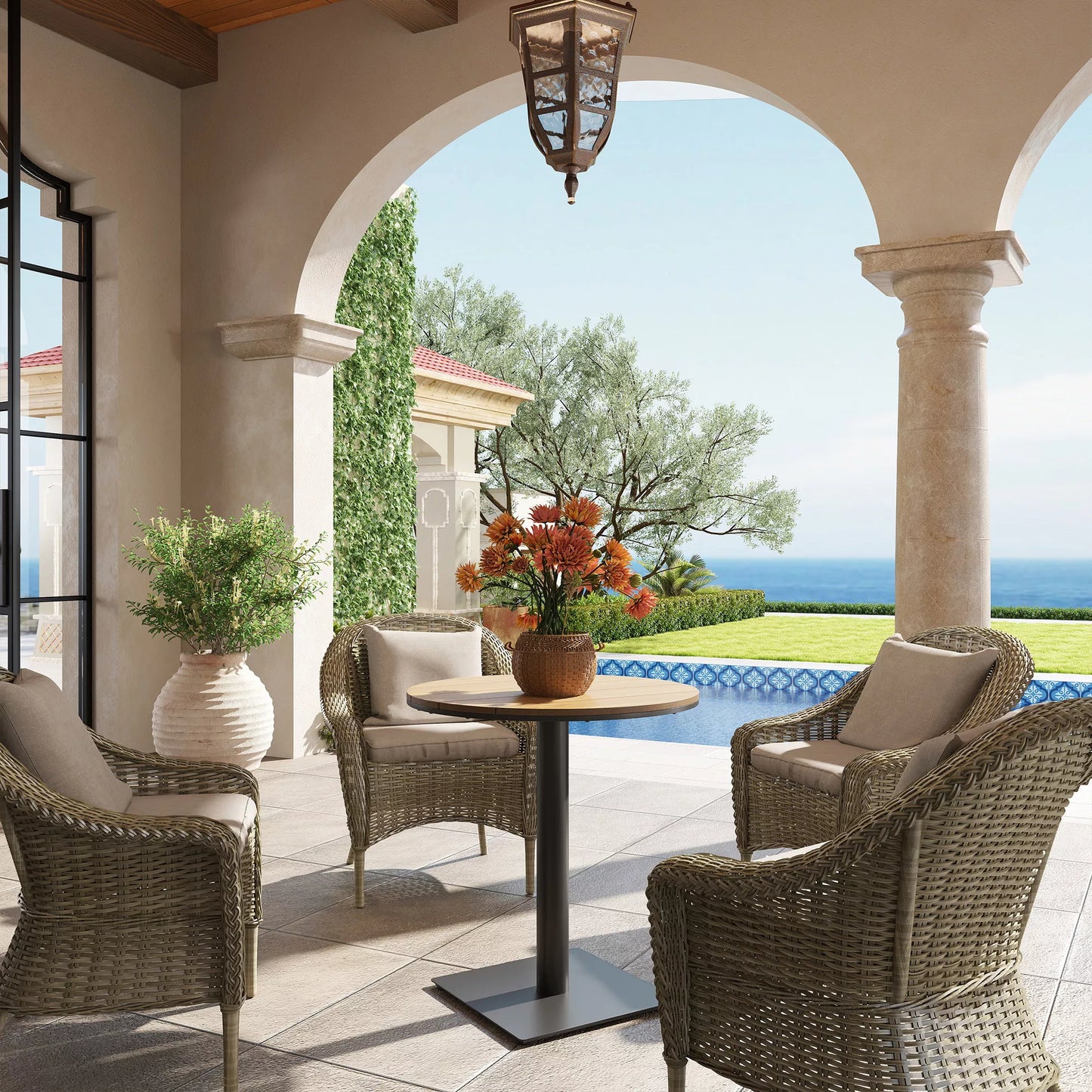 Sodo stalas Ø70 cm, atsparus atmosferos poveikiui Apvalus balkono stalas su lamelių dizainu, plienas Ø70 x 74H cm Natūralus medis