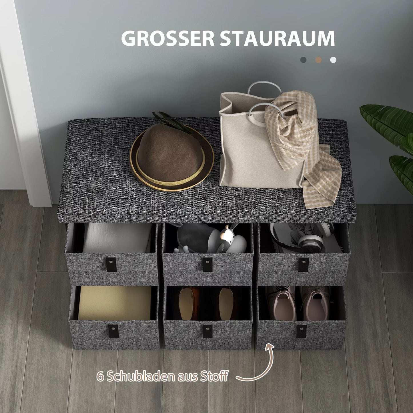 Paminkštinta batų suoliukų spintelė, 6 skyriai avalynei, MDF rėmas, lininės išvaizdos, pilka