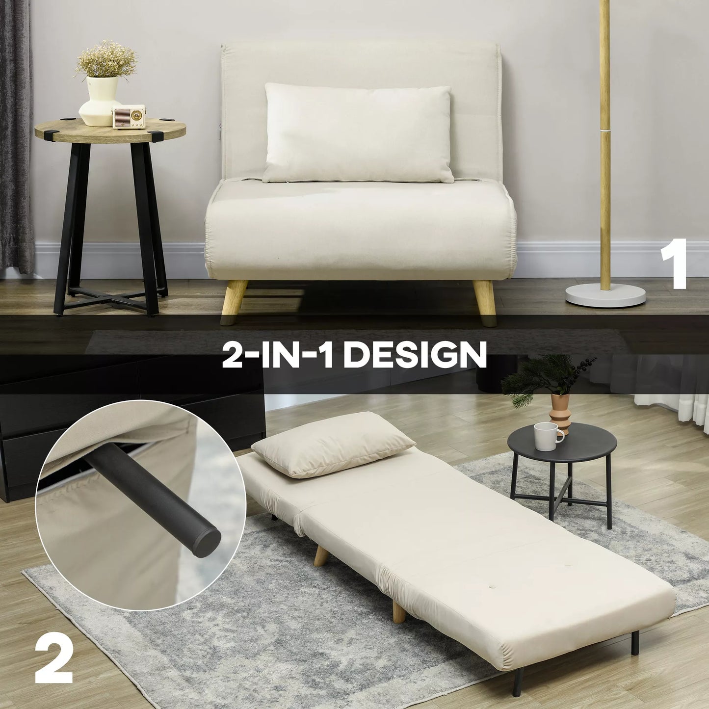 Sulankstomas krėslas su miegojimo funkcija, sulankstomas aksominis poilsio krėslas, reguliuojamas atlošas, atlaiko iki 120 kg, smėlio spalvos