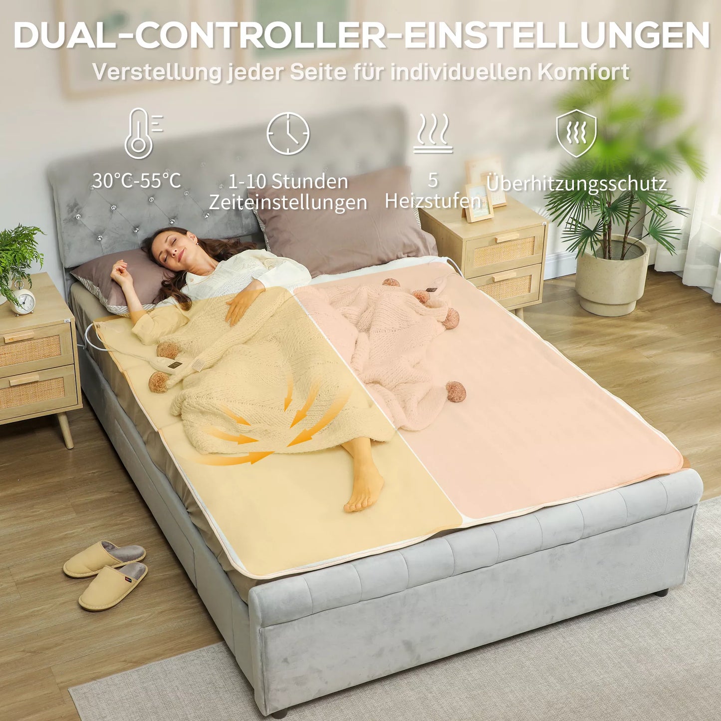 Šildoma antklodė su dviejų zonų valdymu 160 x 140 cm, skalbiama skalbimo mašinoje, su 5 šildymo lygiais, 10 valandų laikmačiu, apsauga nuo perkaitimo