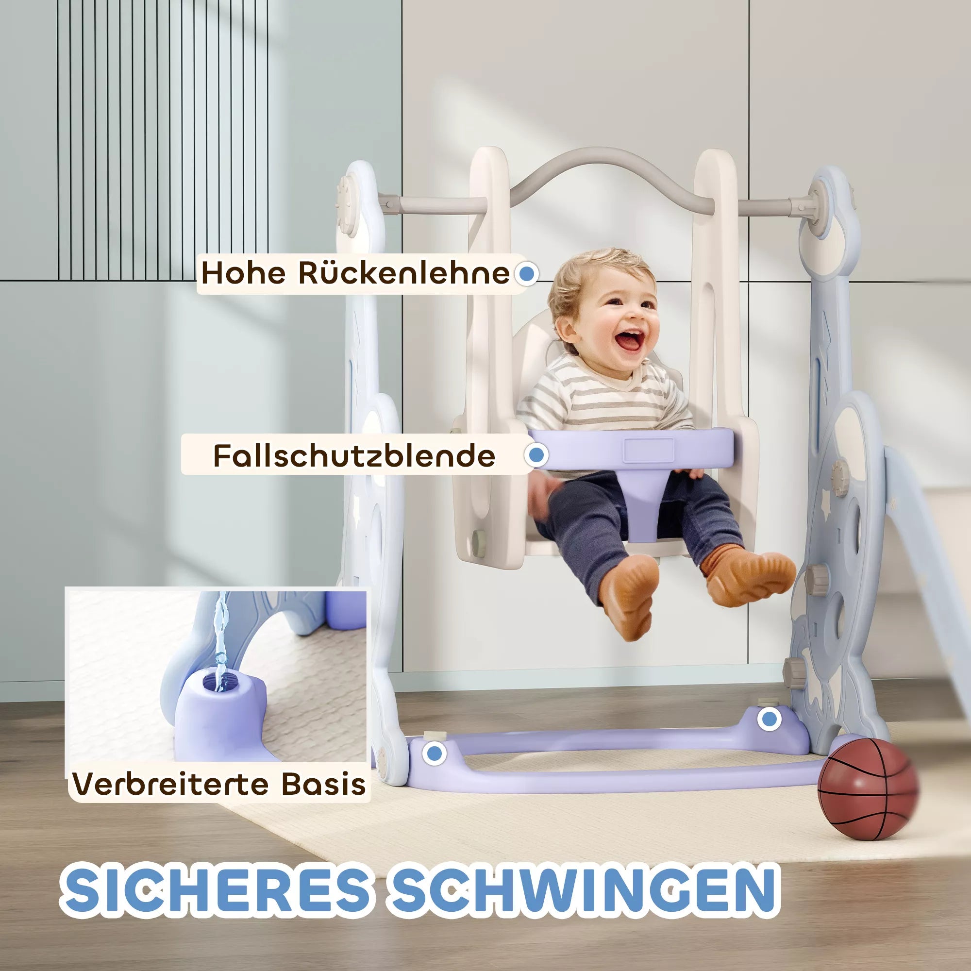 4-in-1 vidaus žaidimų aikštelė, čiuožyklos ir sūpynių rinkinys mažiems vaikams, krepšinio lankas, raketės dizainas, plastikas, šviesiai mėlyna spalva
