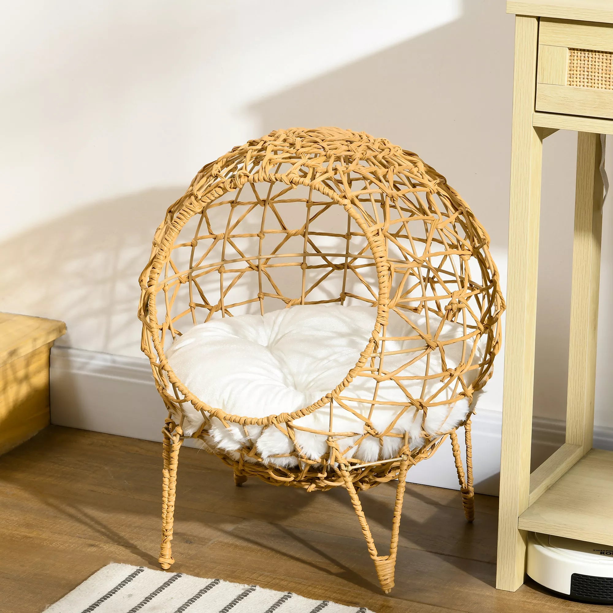 Rattan katės krepšys Katės urvas Katės namelis Katės lovelė su pagalvėle Pakelta konstrukcija Naminių gyvūnų lovelė Ruda Ø45 x 57H cm