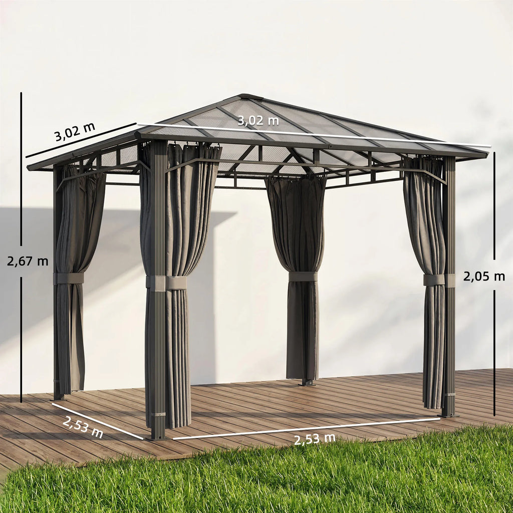 Sodo paviljonas, maždaug 3 x 3 m, metalinis paviljonas su 6 mm storio polikarbonato stogu, 4 šoninės sienos, UV50+, tamsiai pilkos spalvos