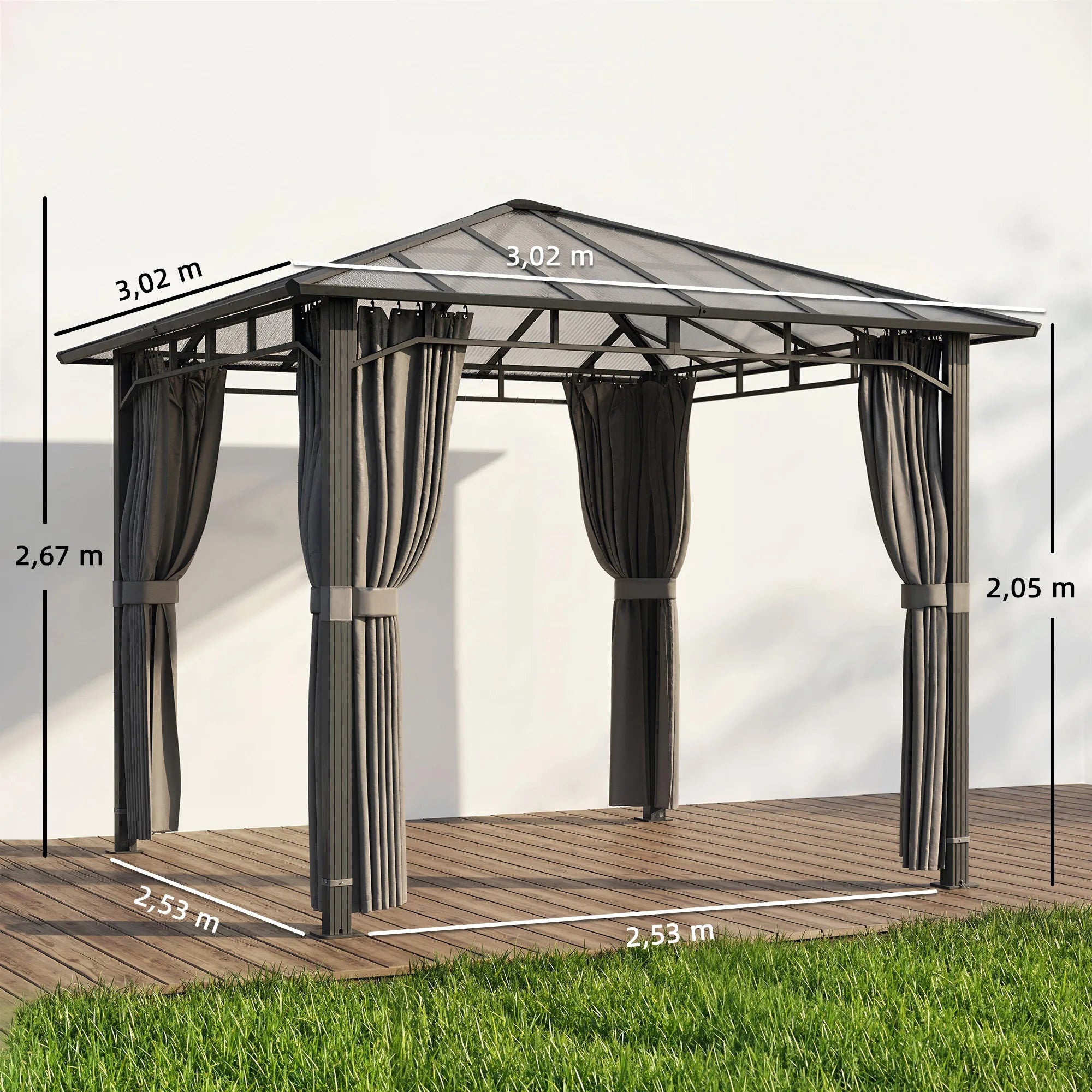 Sodo paviljonas, maždaug 3 x 3 m, metalinis paviljonas su 6 mm storio polikarbonato stogu, 4 šoninės sienos, UV50+, tamsiai pilkos spalvos