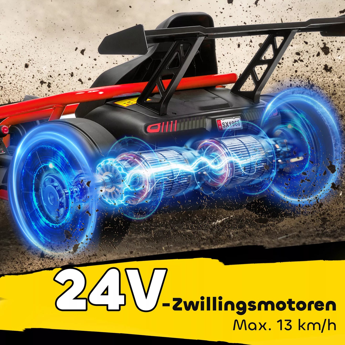 24V elektrinis Go-Kart, skirtas važiuoti ir driftuoti, nailoniniai ratai, saugos diržas, garsinis signalas, muzika 8-12 metų vaikams, raudonas