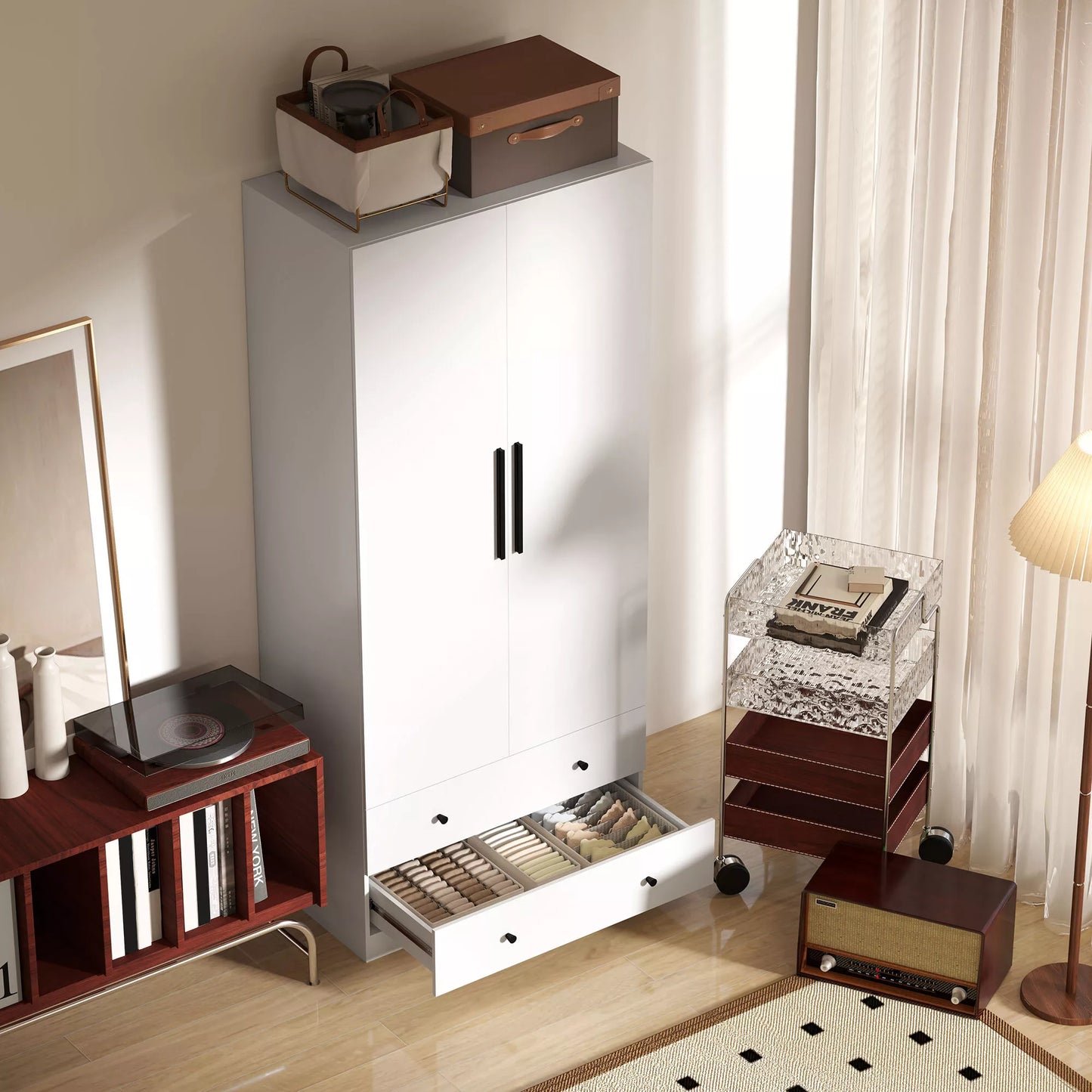 Drabužių spinta, 2 durys, pakabinama zona, drabužių kabykla, 2 stalčiai, medžio drožlių plokštė, balta