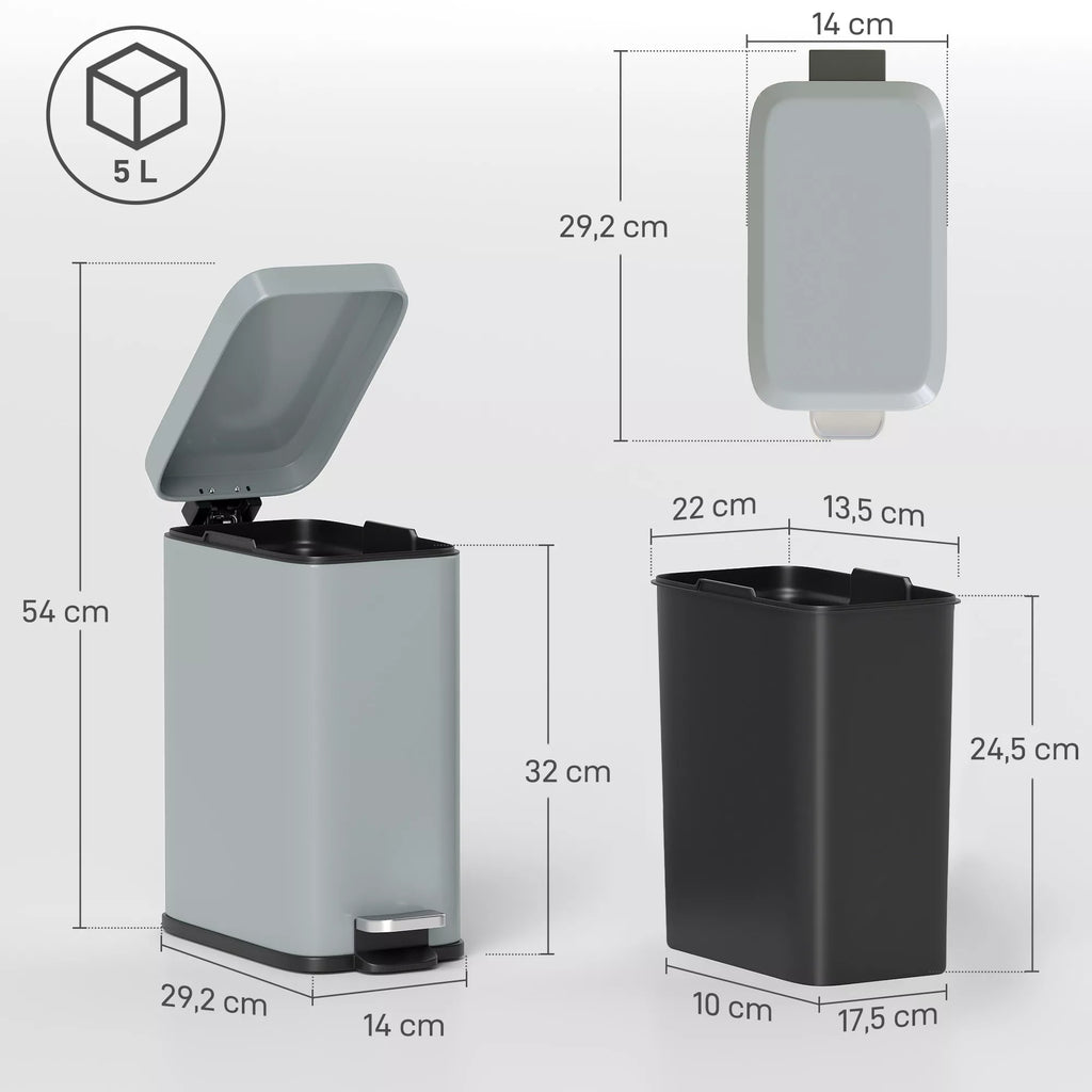 Metalinė šiukšliadėžė, 5 l talpos, su pėdos pedalu, su vidiniu kibiru, pilkos spalvos