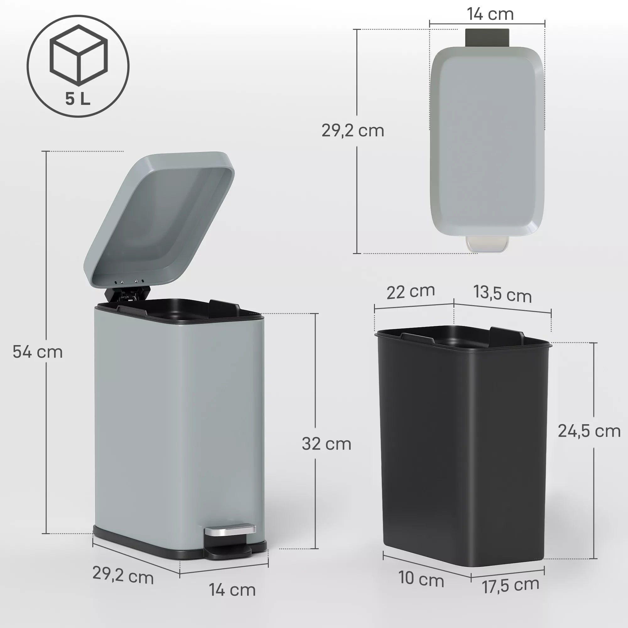 Metalinė šiukšliadėžė, 5 l talpos, su pėdos pedalu, su vidiniu kibiru, pilkos spalvos