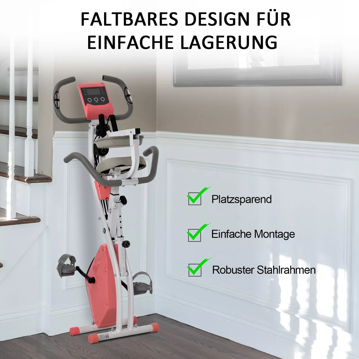 Namų treniruoklis X-Bike 2-in-1 dviračio treniruoklis su LCD ekranu, širdies ritmo matuokliu, sulankstomas treniruoklis su 8 lygių magnetine sistema, 1 poros tempiamųjų lynų, plienas, rožinė, 105x48x118 cm