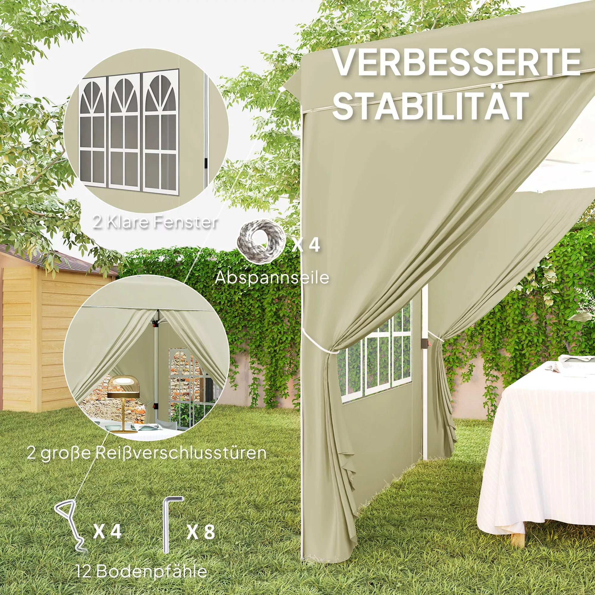 2,5 x 2,5 m Pop-up paviljono su šoninemis sienelėmis ir nešiojimo krepšiu, UPF50+ reguliuojamo aukščio sodo palapinė, kreminės baltos spalvos