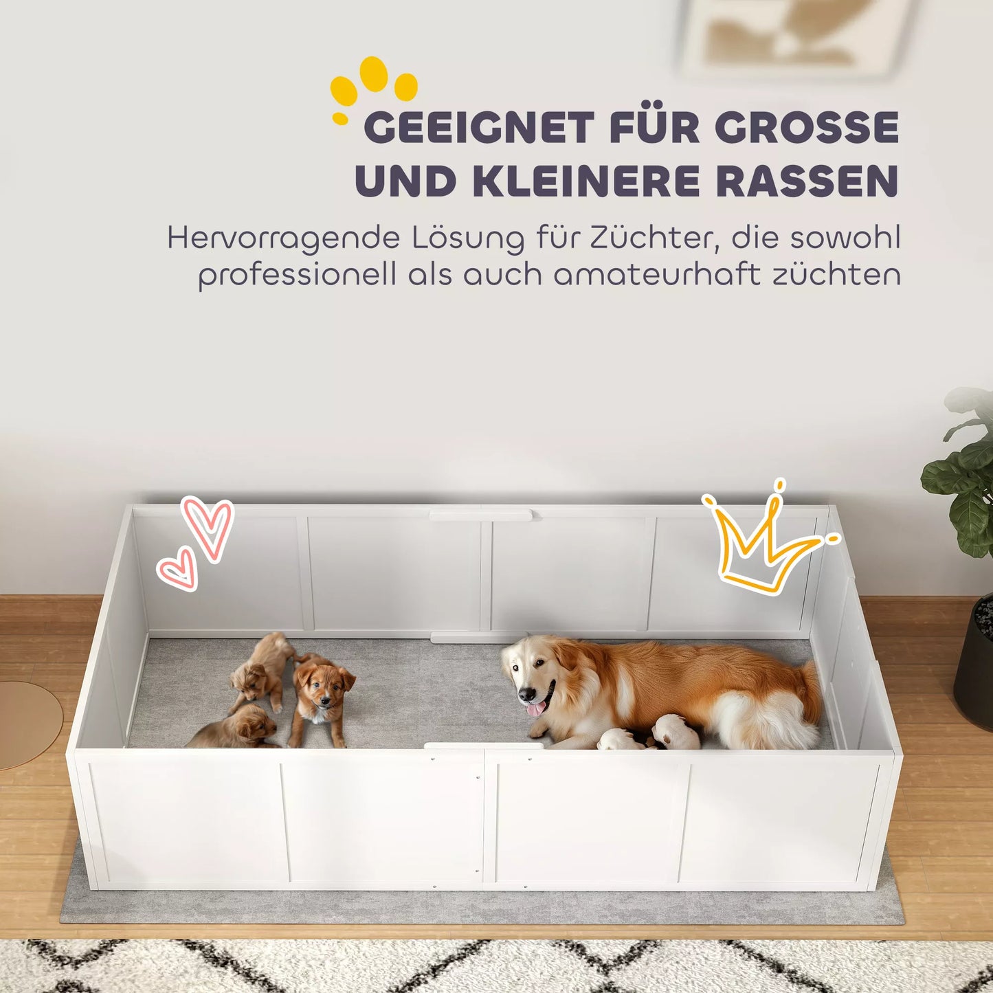 Šunų veisimo dėžė šunims ir šuniukams, su reguliuojamais įėjimais, dideliems ir mažiems šunims, 196 x 96 x 48 cm, Balta