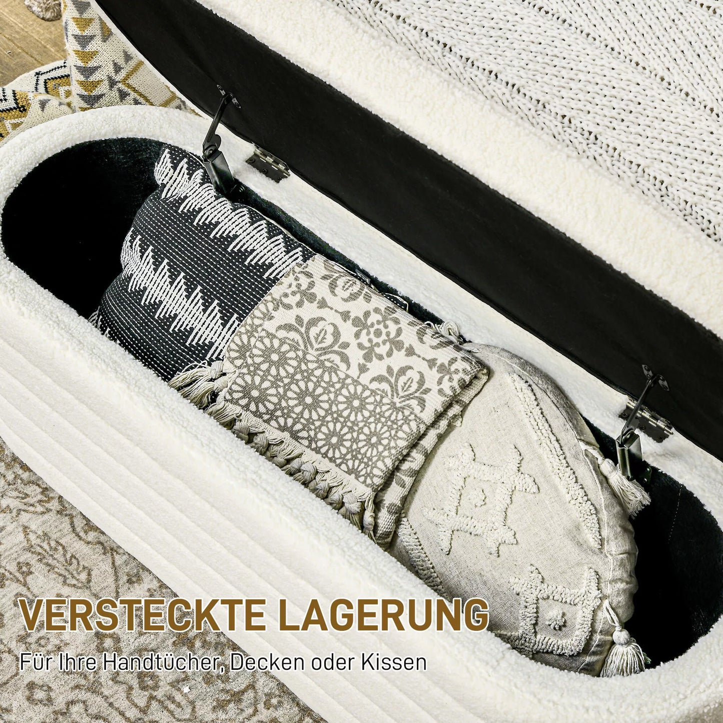 Lovos suolas, su daiktadėže, Teddy vilnelė, 116x41x40,5cm, kreminės baltos spalvos