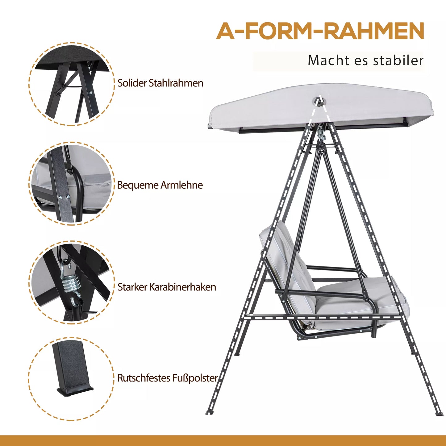 Holivudo sūpynės, 2 vietos sodo sūpynės su reguliuojamu stogu, atlaiko iki 220 kg svorį, 145 x 116 x 172 cm, pilkos spalvos