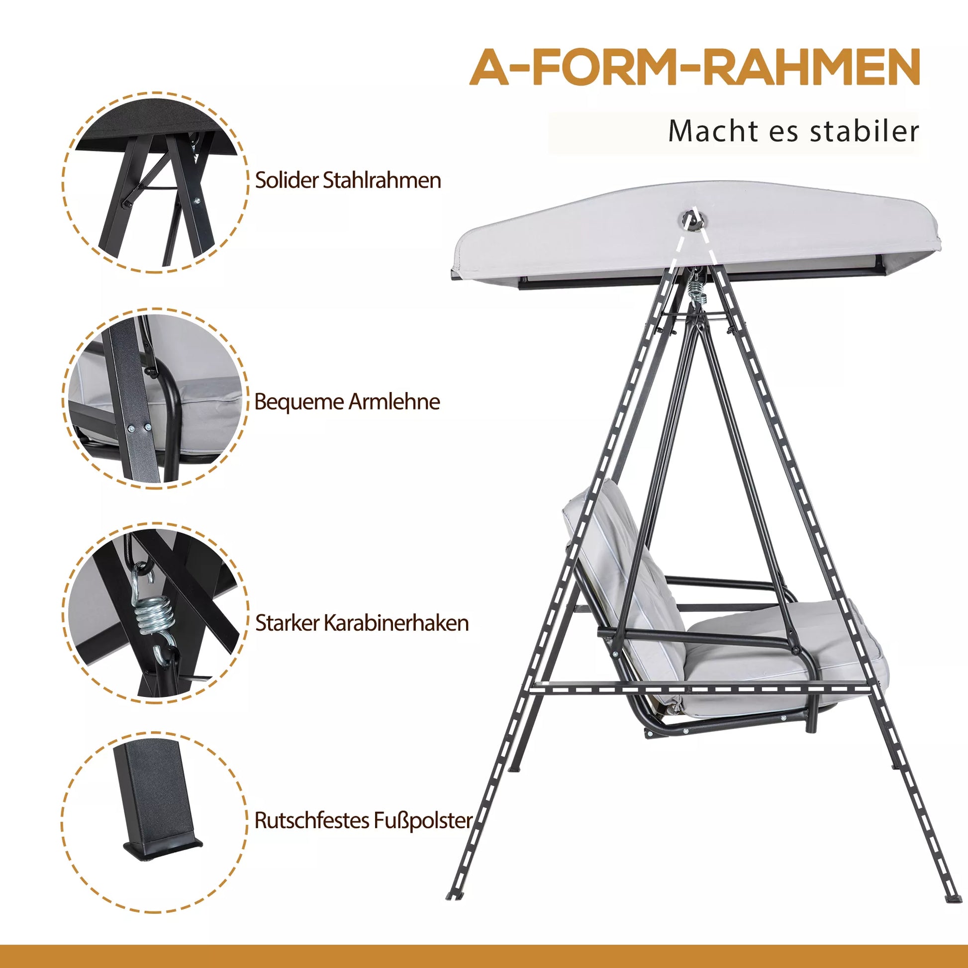 Holivudo sūpynės, 2 vietos sodo sūpynės su reguliuojamu stogu, atlaiko iki 220 kg svorį, 145 x 116 x 172 cm, pilkos spalvos