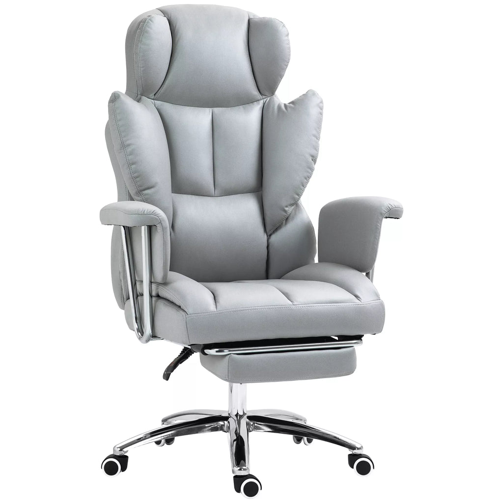 Šviesiai pilka ergonomiška biuro kėdė su atrama kojoms