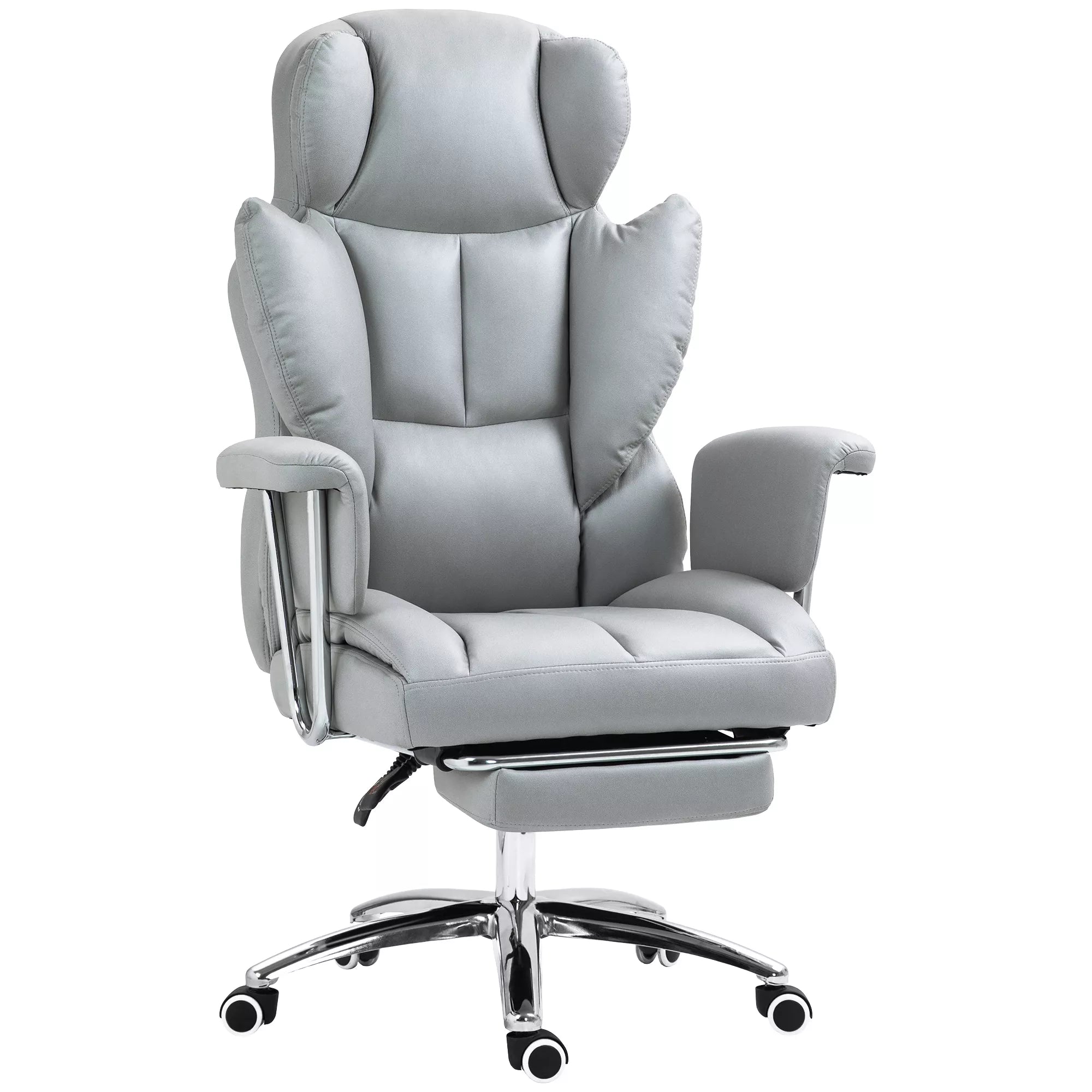 Šviesiai pilka ergonomiška biuro kėdė su atrama kojoms
