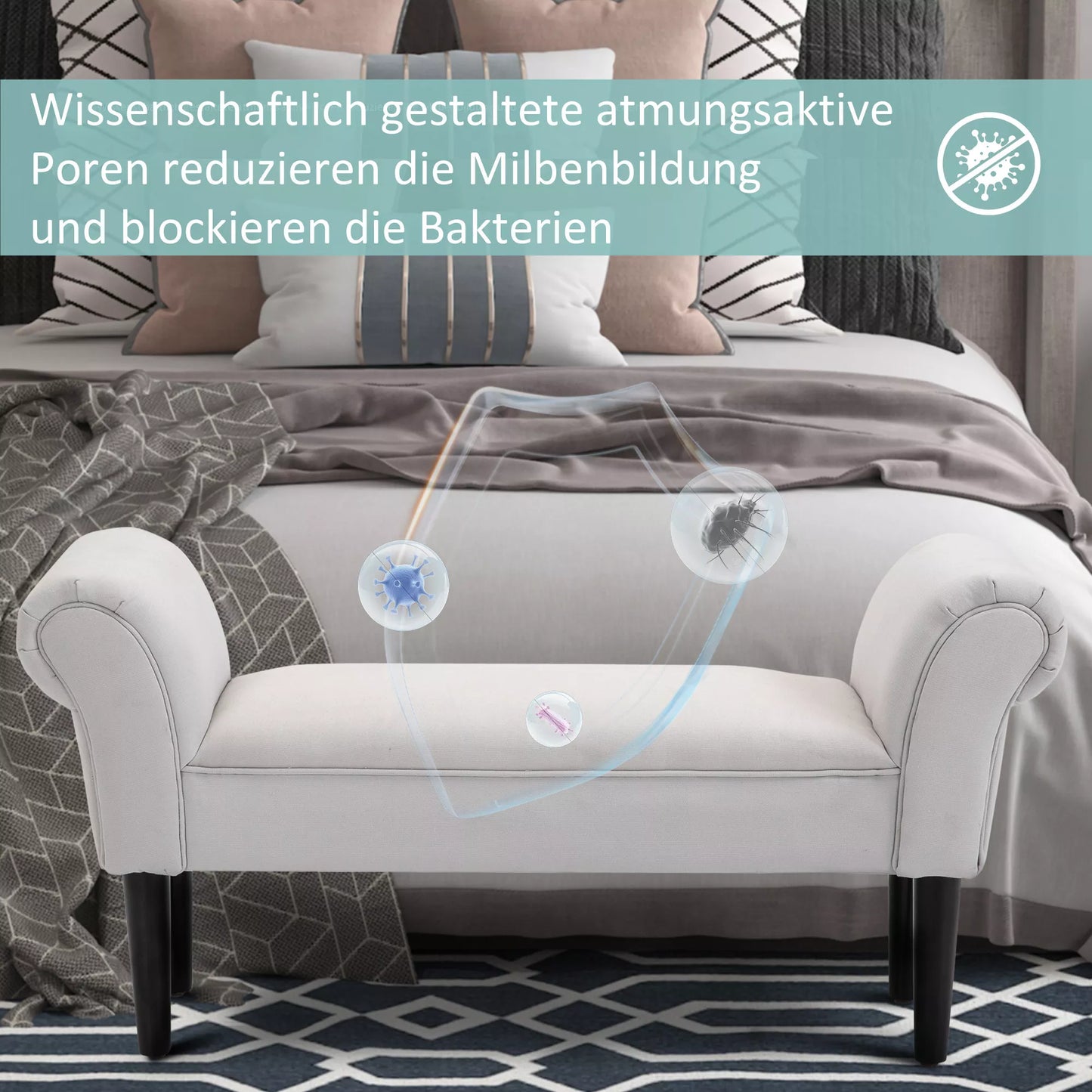 Lovos suolas, paminkštintas suolas, sėdima suola, prieškambario suolas miegamajam, atlaiko iki 130 kg, burinio audinio, pilkos spalvos, 102 x 36 x 51 cm