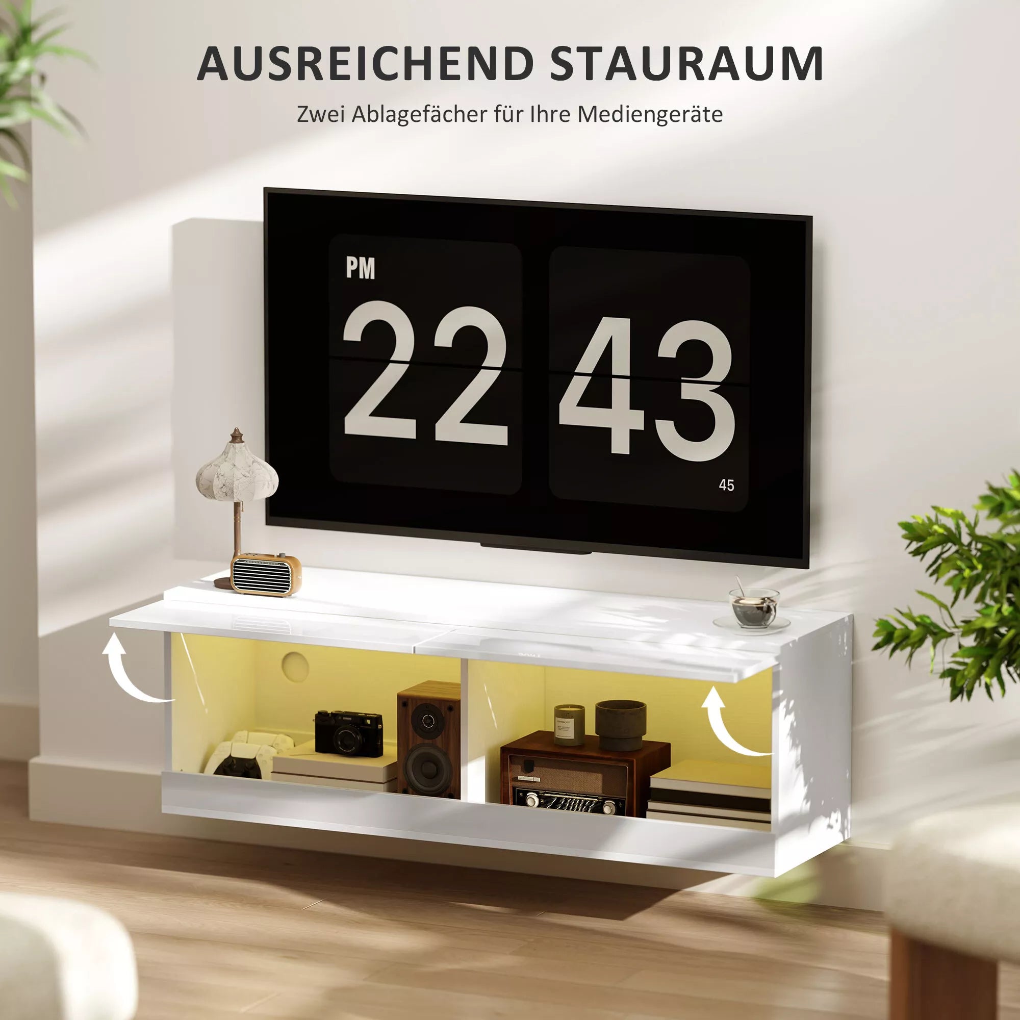 Sieninė TV spintelė su LED apšvietimu, 16 mirksėjimo režimų, atviros lentynos, 120 x 35 x 40,5 cm, balta