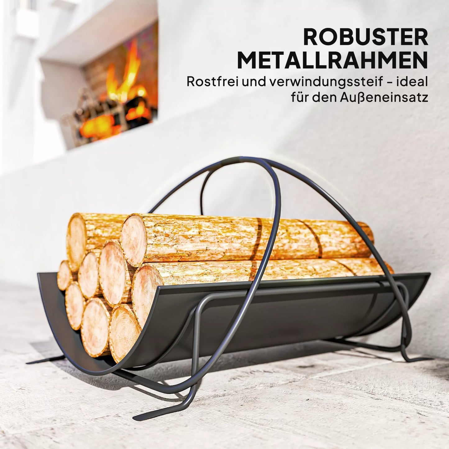 Vidinė malkų laikymo lentyna 51 x 38 x 33cm, geometrinis malkų stovas su metaline rankena, juoda