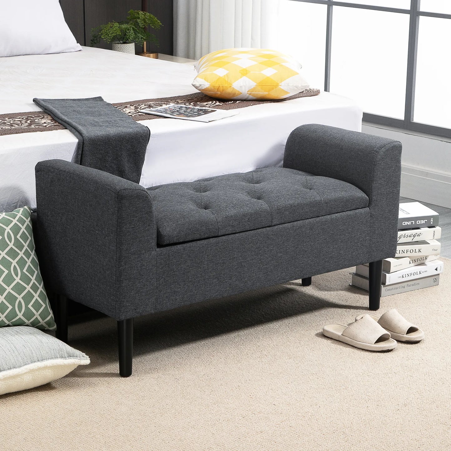 Talpus minkštas suoliukas su lino išvaizda, medinėmis kojomis, gali būti naudojamas kaip suolas iki 130 kg apkrovos, tinkamas svetainei, miegamajam, koridoriui, 116 x 44 x 58 cm Tamsiai pilkas