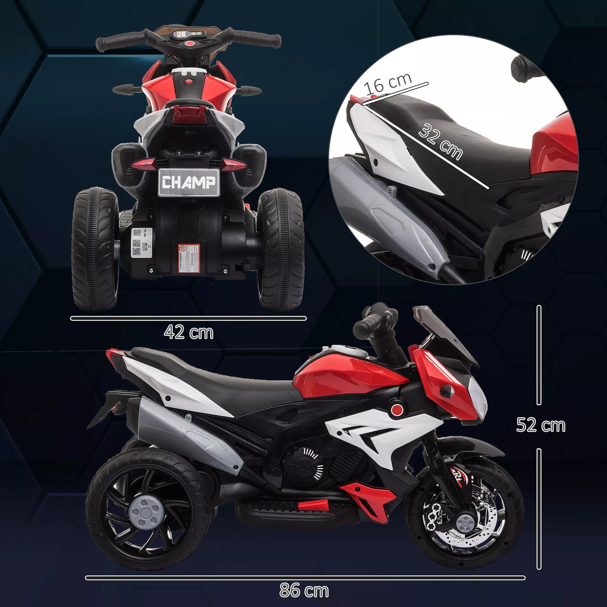 Elektrinis vaikų motociklas, šviesos ir garsai, 3 km/h, įkraunamas, plastikas ir metalas, juodas/raudonas