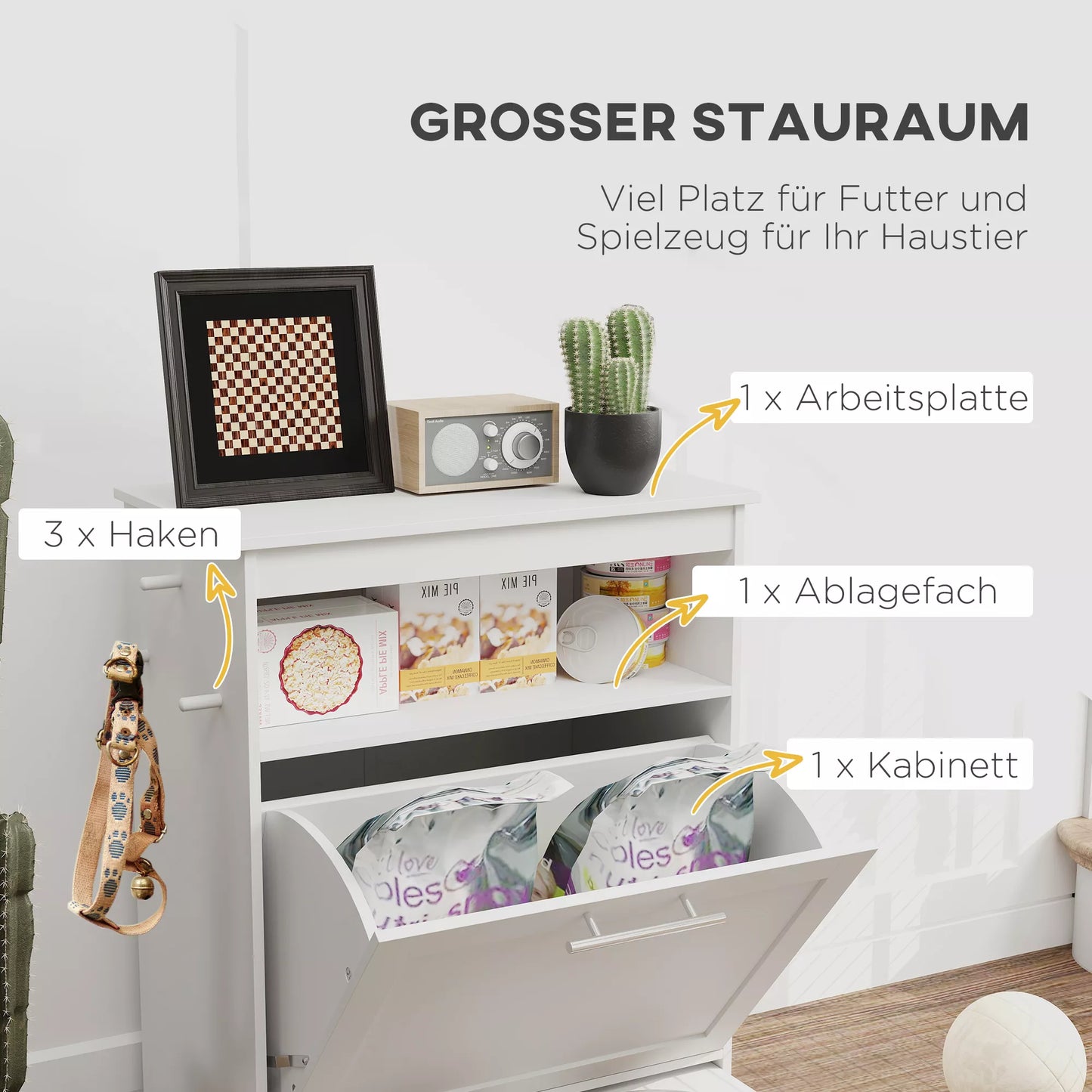 Maitinimo stotelė augintiniams, laikymo spintelė naminių gyvūnėlių reikmenims, su dubenėliais, kabliukais pavadėliams, MDF, balta.