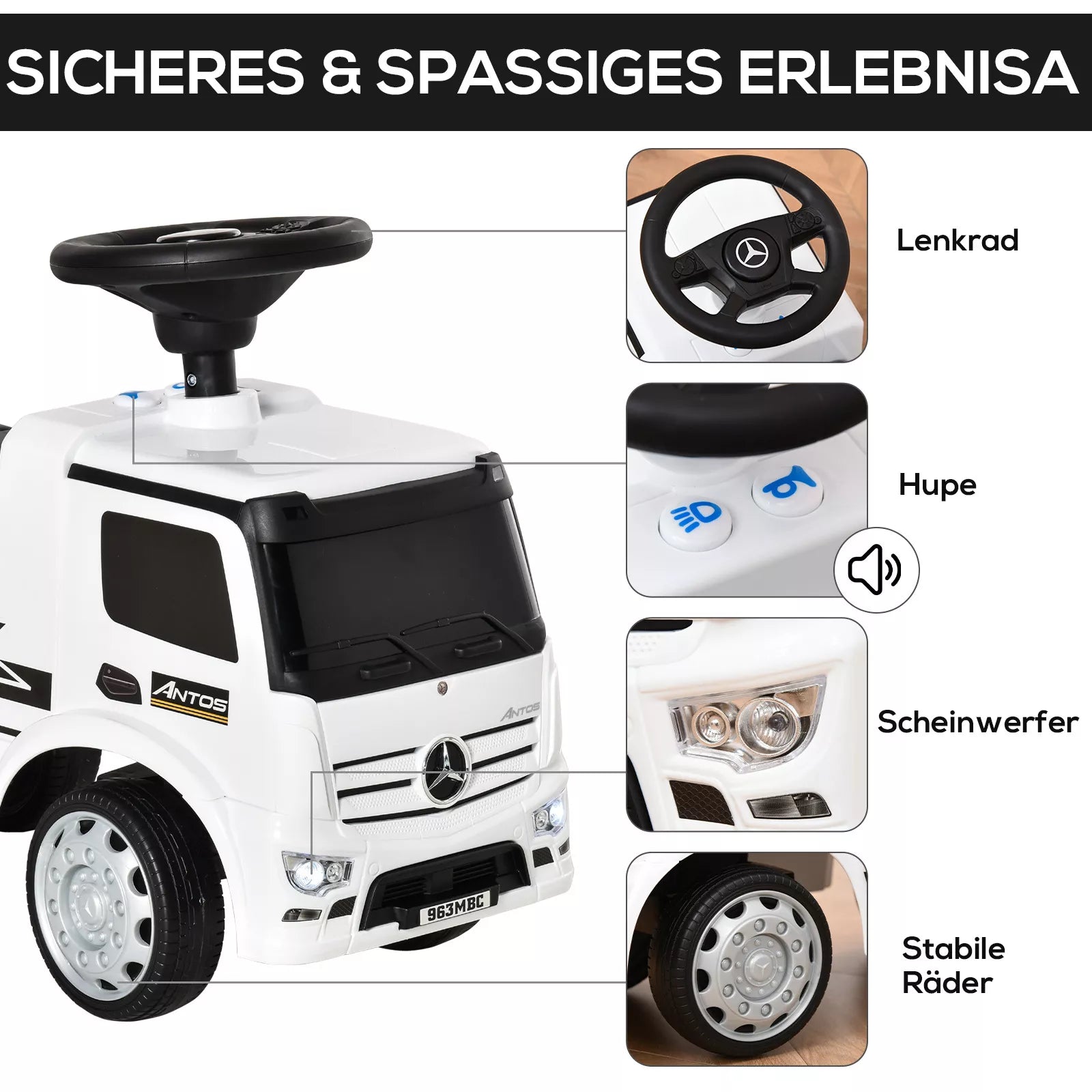 Balto vaikišku Mercedes Antos sunkvežimio priekinė dalis su žvaižžde ir numeriu artimas kadras
