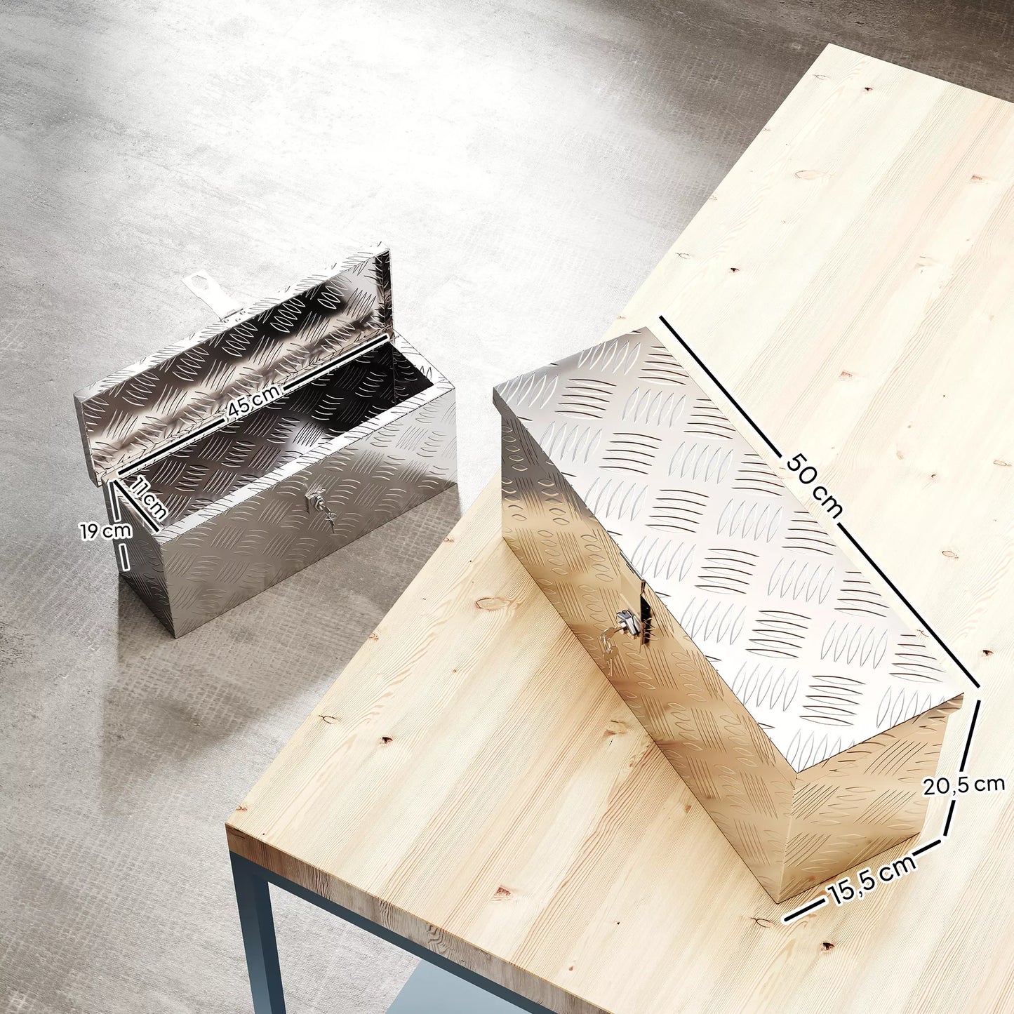 Aliuminio įrankių laikymo dėžė su užraktu ir raktais, 50 x 15,5 x 20,5 cm