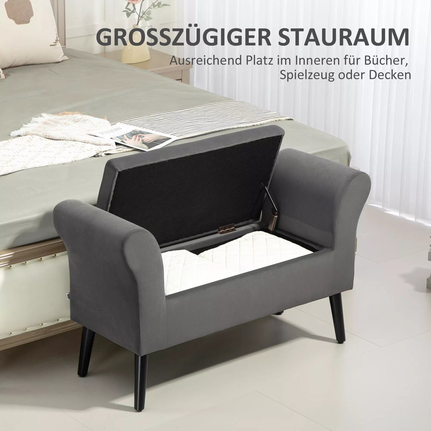 Balda su vieta daiktams, skrynios tipo su atlošais ir porankiais, 46 cm sėdimasis aukštis, švelnus kaip aksomas poliesteris, 111,5 x 41 x 65 cm, tamsiai pilka