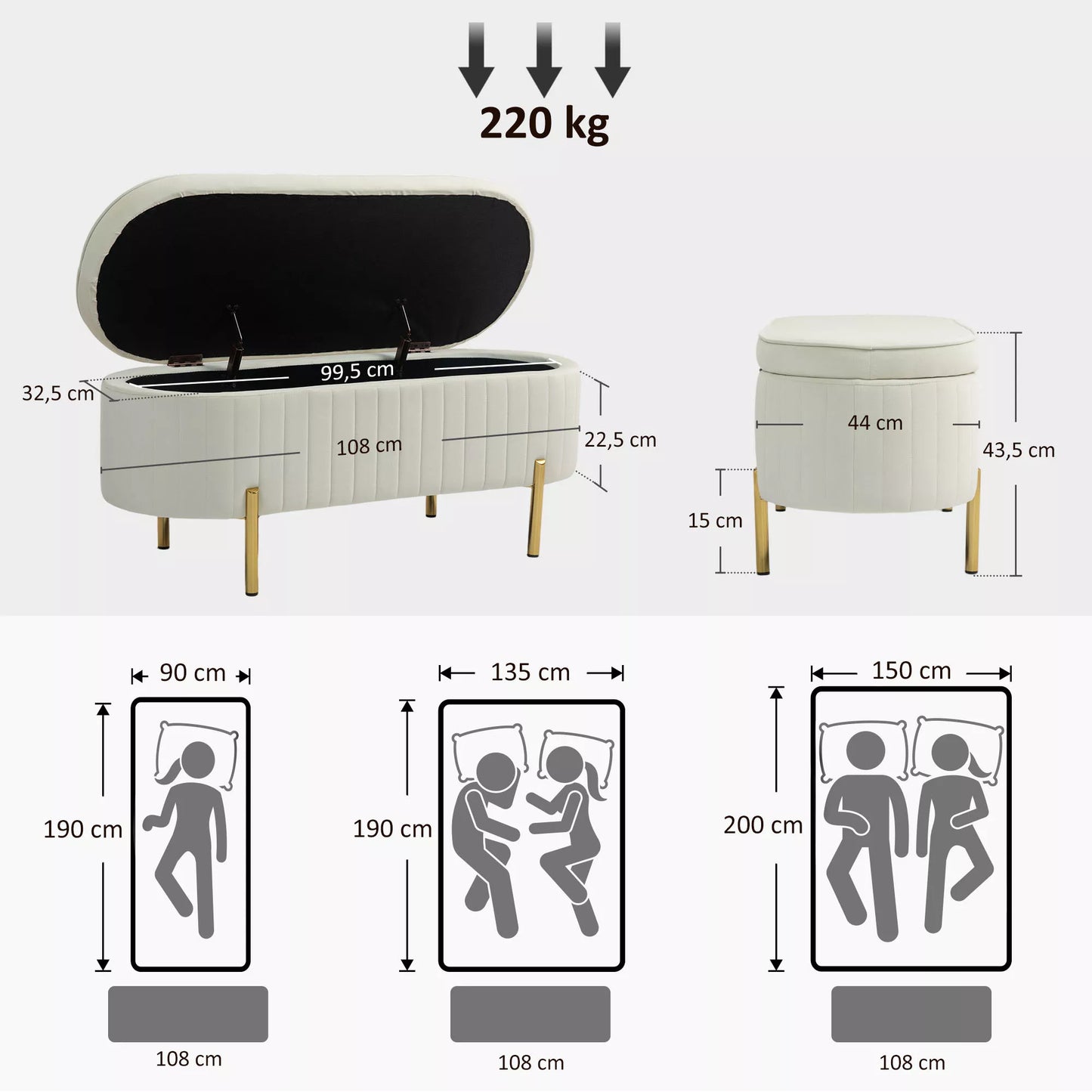 Suolas su atlenkiamu dangčiu ir daiktadėže, audinio apmušalas, metalas, kreminė balta + auksinė
