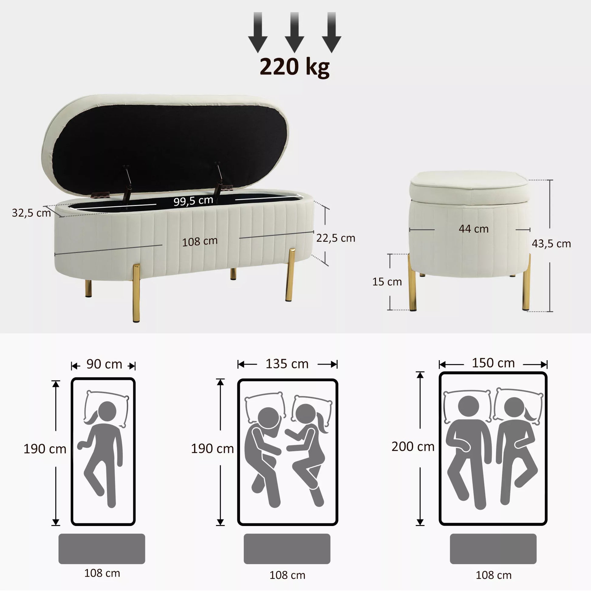 Suolas su atlenkiamu dangčiu ir daiktadėže, audinio apmušalas, metalas, kreminė balta + auksinė